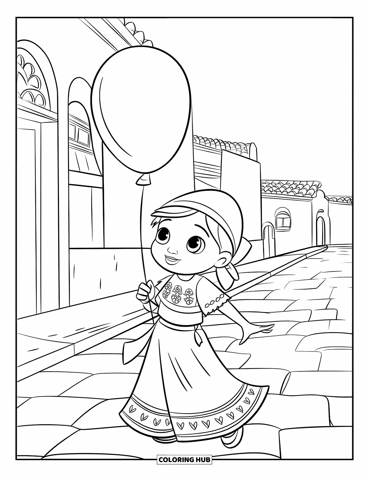 Mexiko Ausmalbild für Kinder: Ein fröhliches Kind in traditioneller Kleidung hält einen Ballon