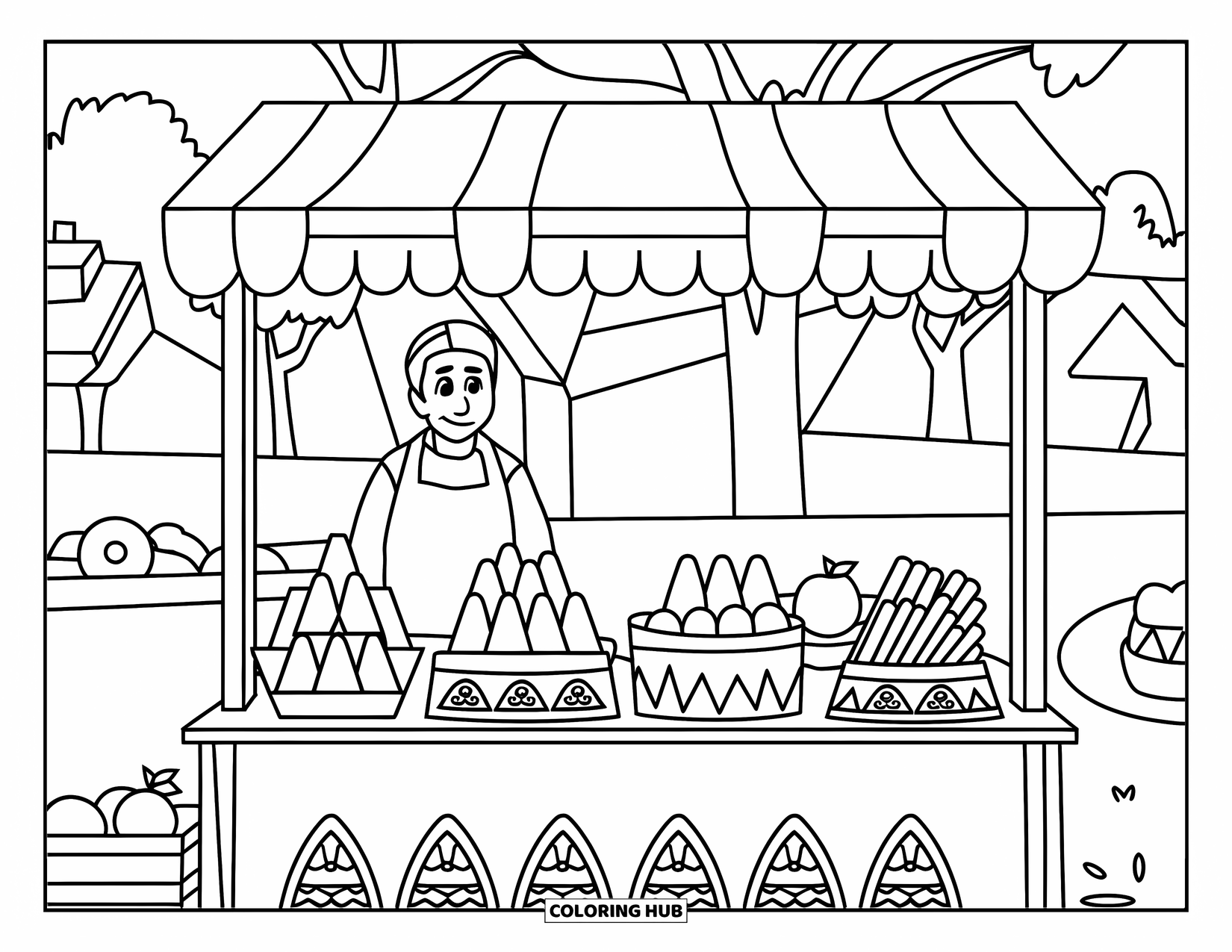 Mexiko Ausmalbild für Kinder: Ein Mann verkauft Tamales, Churros und Früchte von einem Marktstand