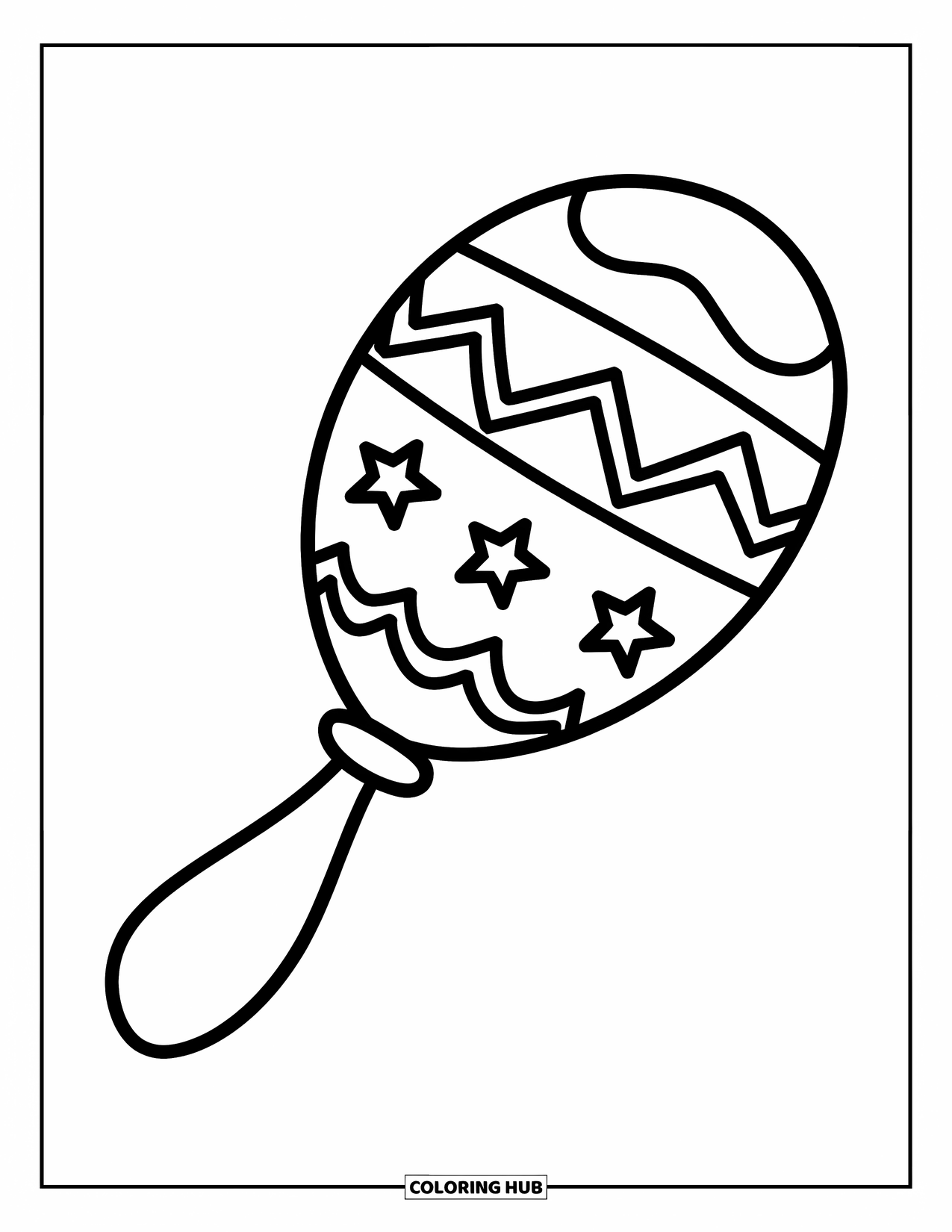 Mexiko Ausmalbild für Kinder: Eine Maraca mit lustigen Mustern, bereit, von kleinen Händen ausgemalt zu werden