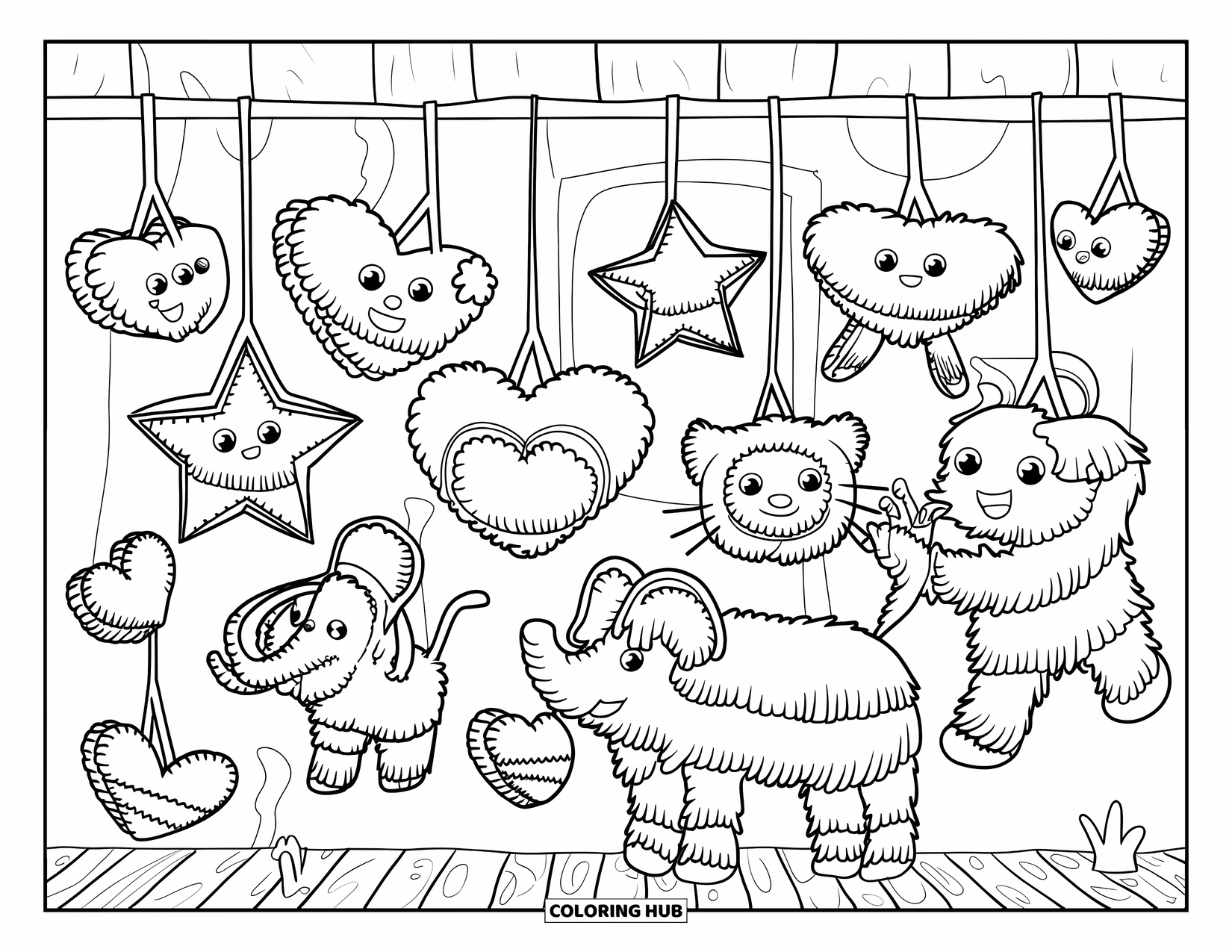 Mexiko Ausmalbild für Kinder: Ein kleiner Laden voller lustig geformter Piñatas und Ballons