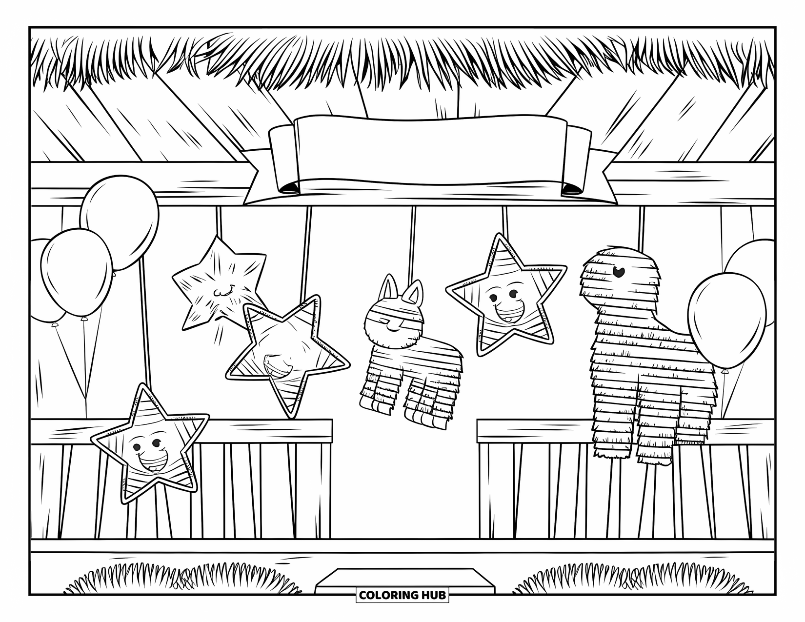 Mexiko Ausmalbild für Kinder: Ein kleiner Laden voller lustig geformter Piñatas und Ballons