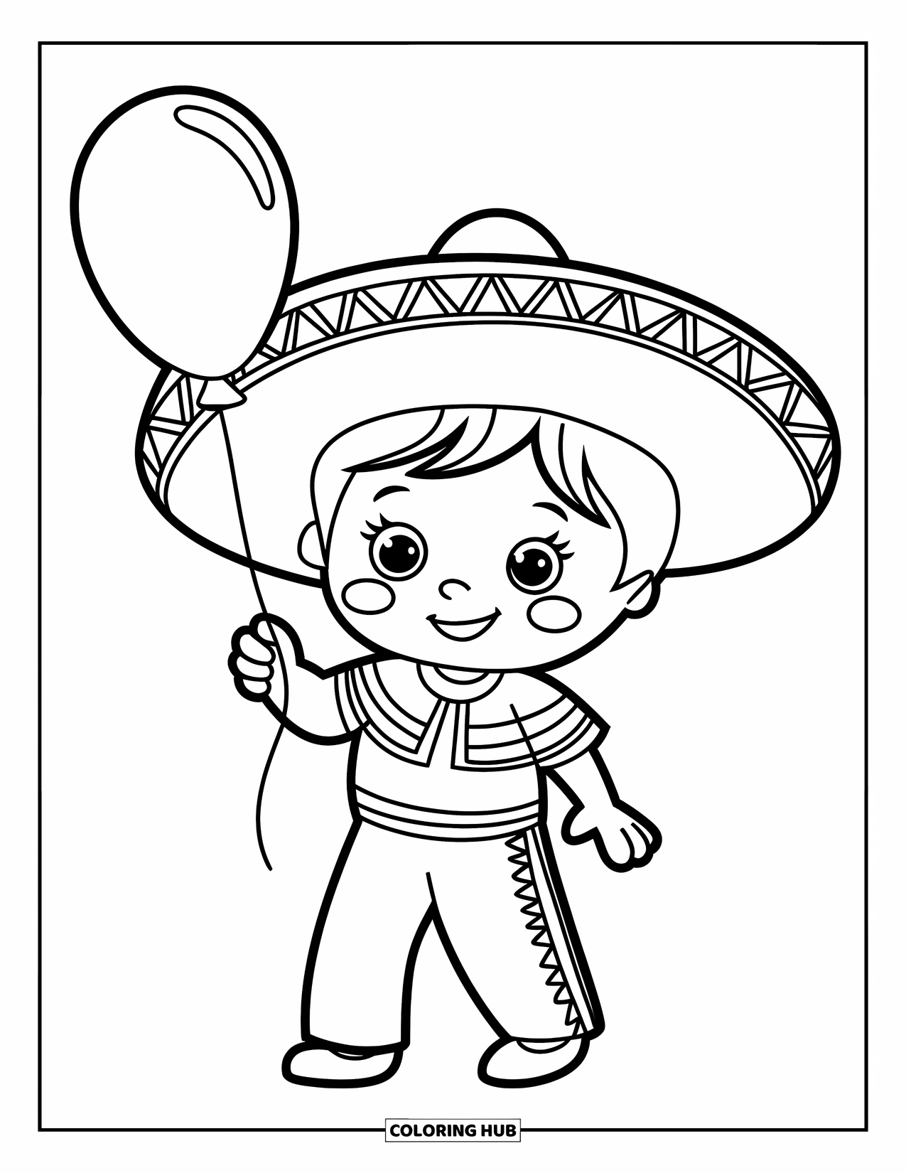 Mexiko Ausmalbild für Kinder: Ein lächelndes Kind mit einem Sombrero hält einen Ballon in einer ruhigen Straße