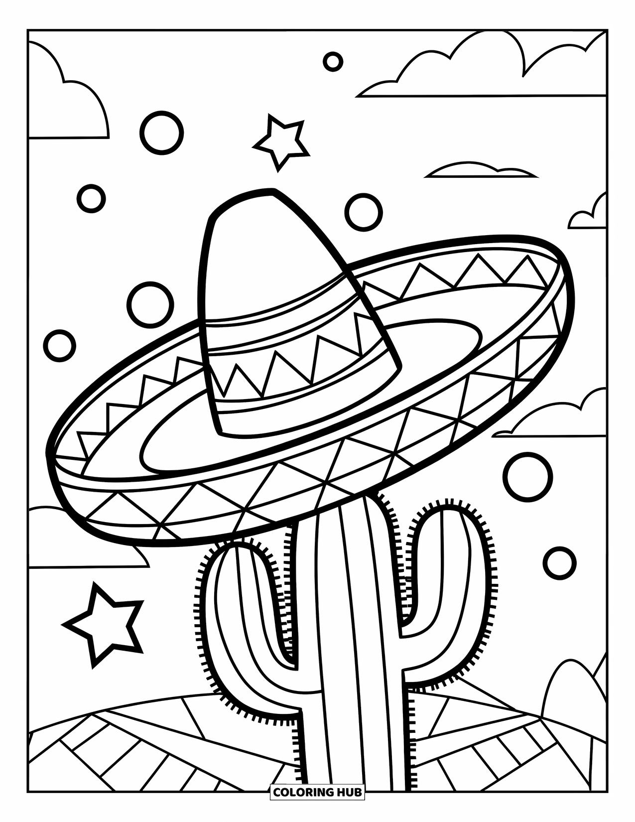 Mexiko Ausmalbild für Kinder: Ein Sombrero sitzt auf einem Kaktus mit Sternen und Wolken um ihn herum
