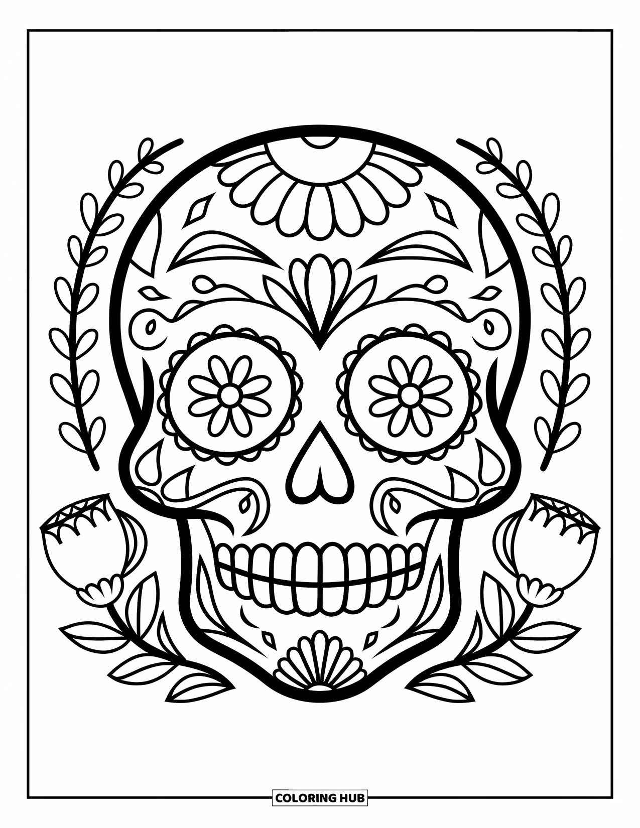 Mexiko Ausmalbild für Kinder: Ein Zuckerschädel mit einfachen Blumendesigns und großen, kräftigen Merkmalen