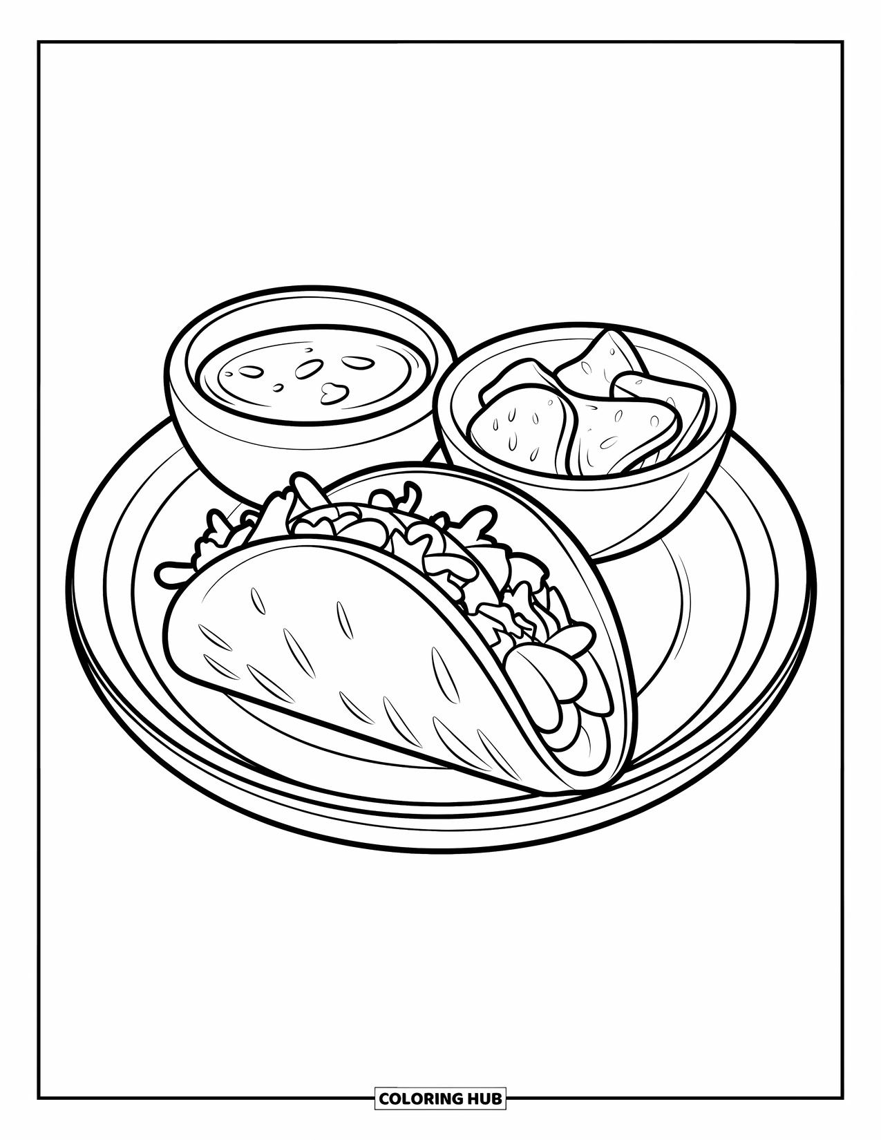 Mexiko Ausmalbild für Kinder: Ein Taco sitzt neben Schüsseln mit Salsa und Chips