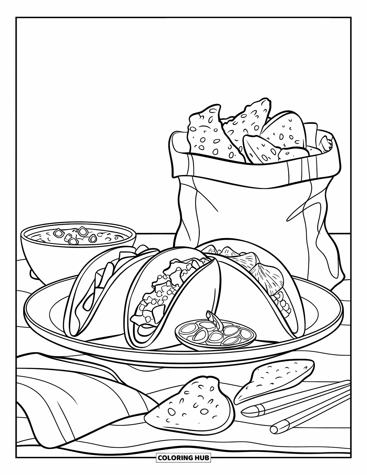 Mexiko Ausmalbild für Kinder: Ein leckerer Taco-Teller mit Chips und Salsa als Beilage