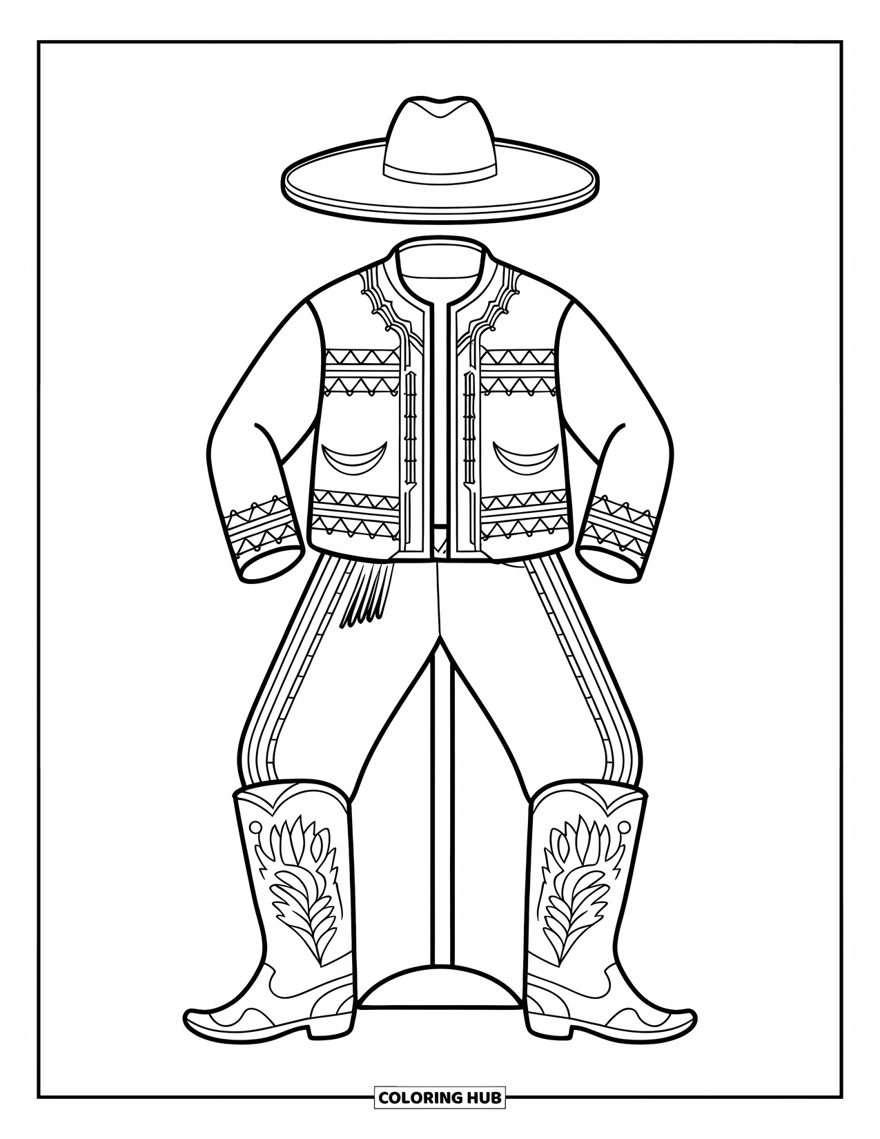 Mexiko Ausmalbild für Kinder: Ein traditionelles Charro-Outfit mit Stiefeln und Hut, ausgestellt auf einem Ständer