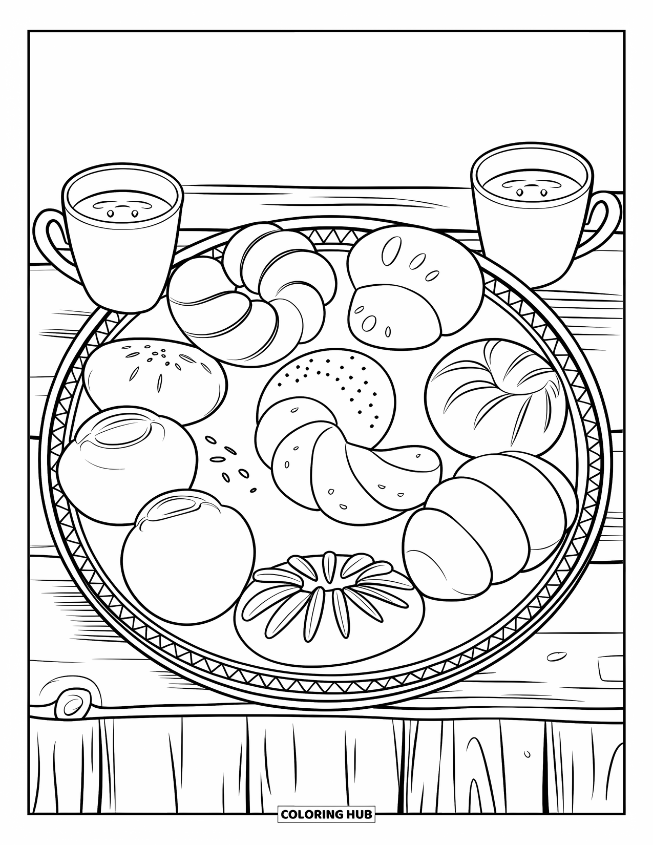 Mexiko Ausmalbild für Kinder: Ein Tablett mit Pan Dulce mit Tassen heißer Schokolade auf einem Holztisch