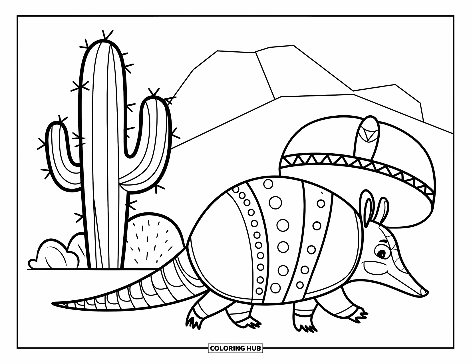 Mexiko Ausmalbild für Kinder: Ein Gürteltier mit Sombrero spaziert neben einem Kaktus