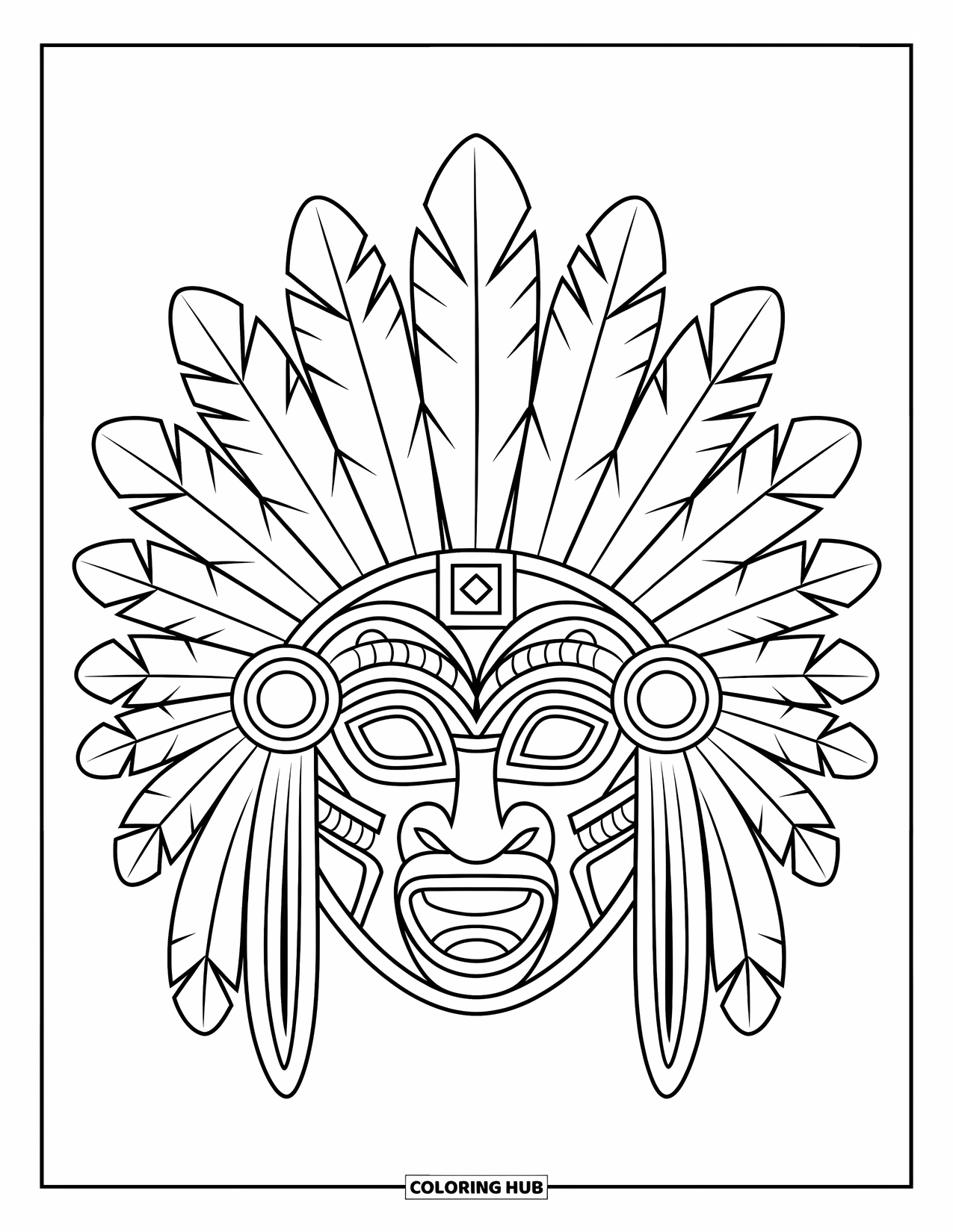 Mexiko Ausmalbild für Kinder: Eine Aztekenmaske mit Federn und geometrischen Designs