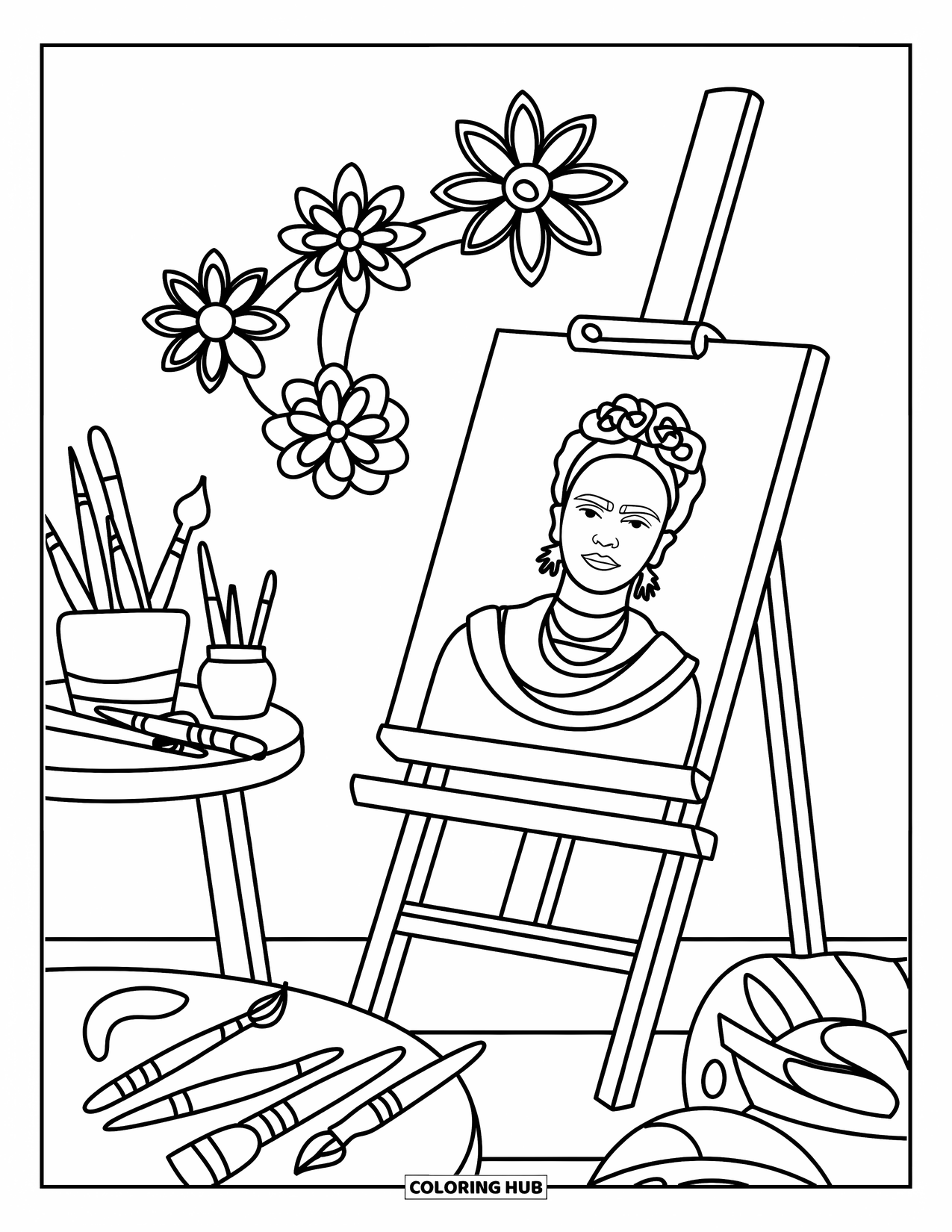 Mexiko Ausmalbild für Kinder: Pinsel, Blumen und eine Leinwand füllen diesen kreativen Künstlerraum