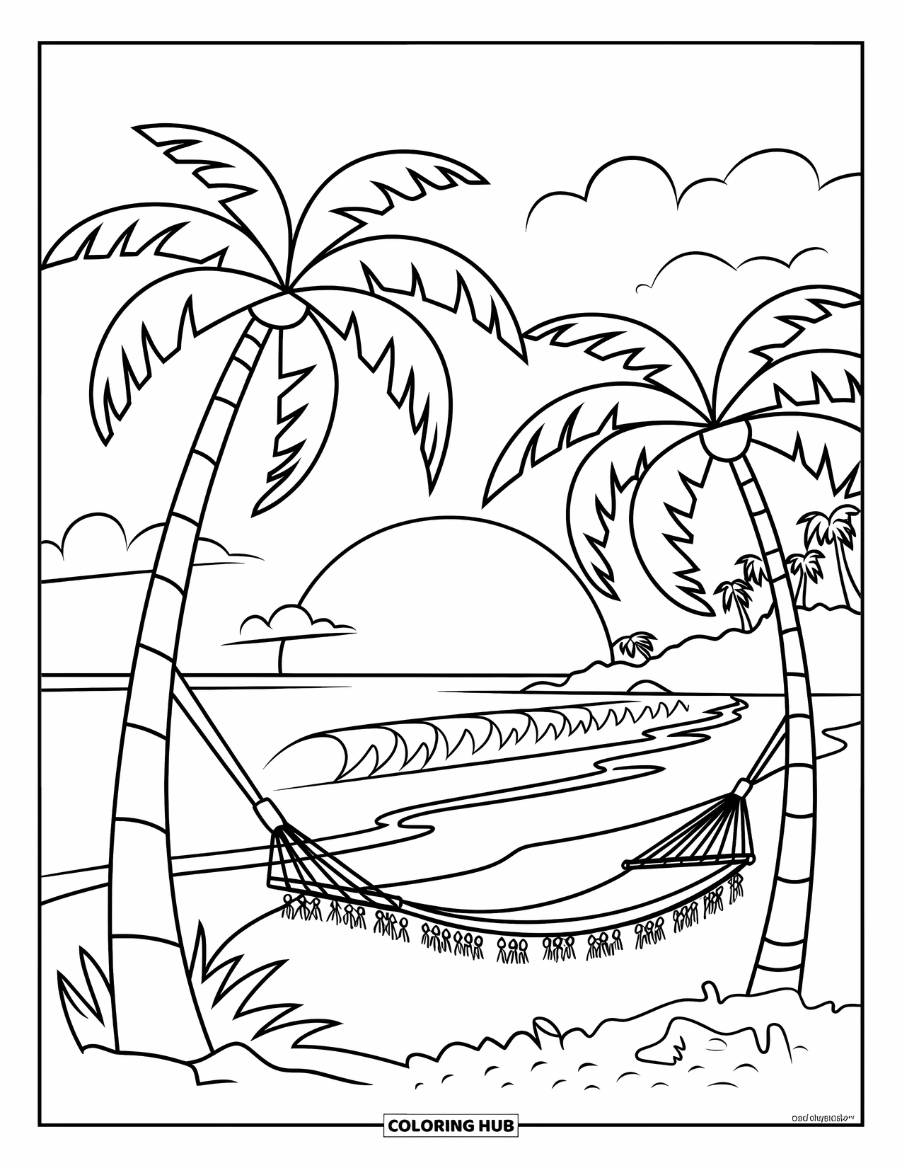 Mexiko Ausmalbild für Kinder: Palmen und Wellen schaffen eine friedliche Cancún-Strandszene