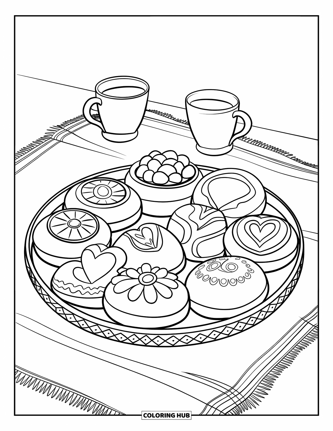 Mexiko Ausmalbild für Kinder: Süßes Brot und heiße Schokolade stehen zusammen auf einem Tablett zum Teilen