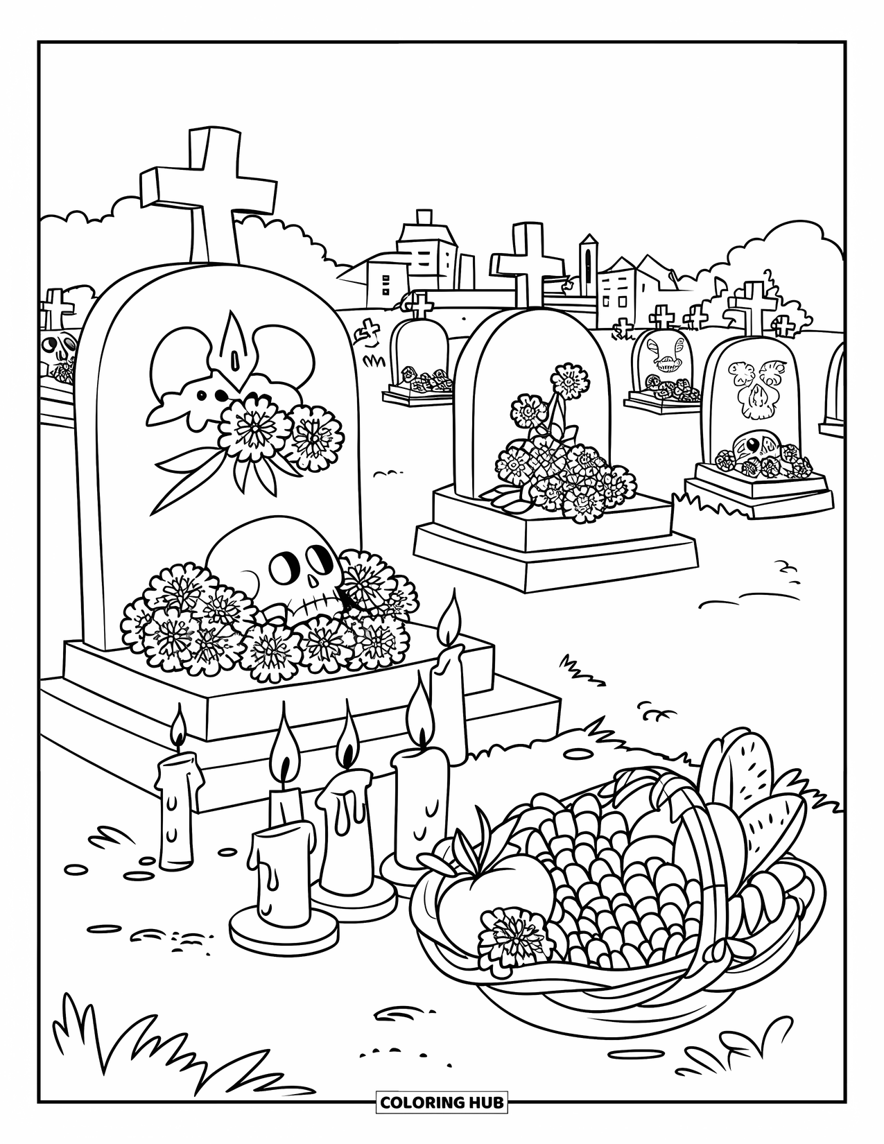 Mexiko Ausmalbild für Kinder: Grabsteine, Kerzen und Blumen füllen einen Día de los Muertos-Friedhof