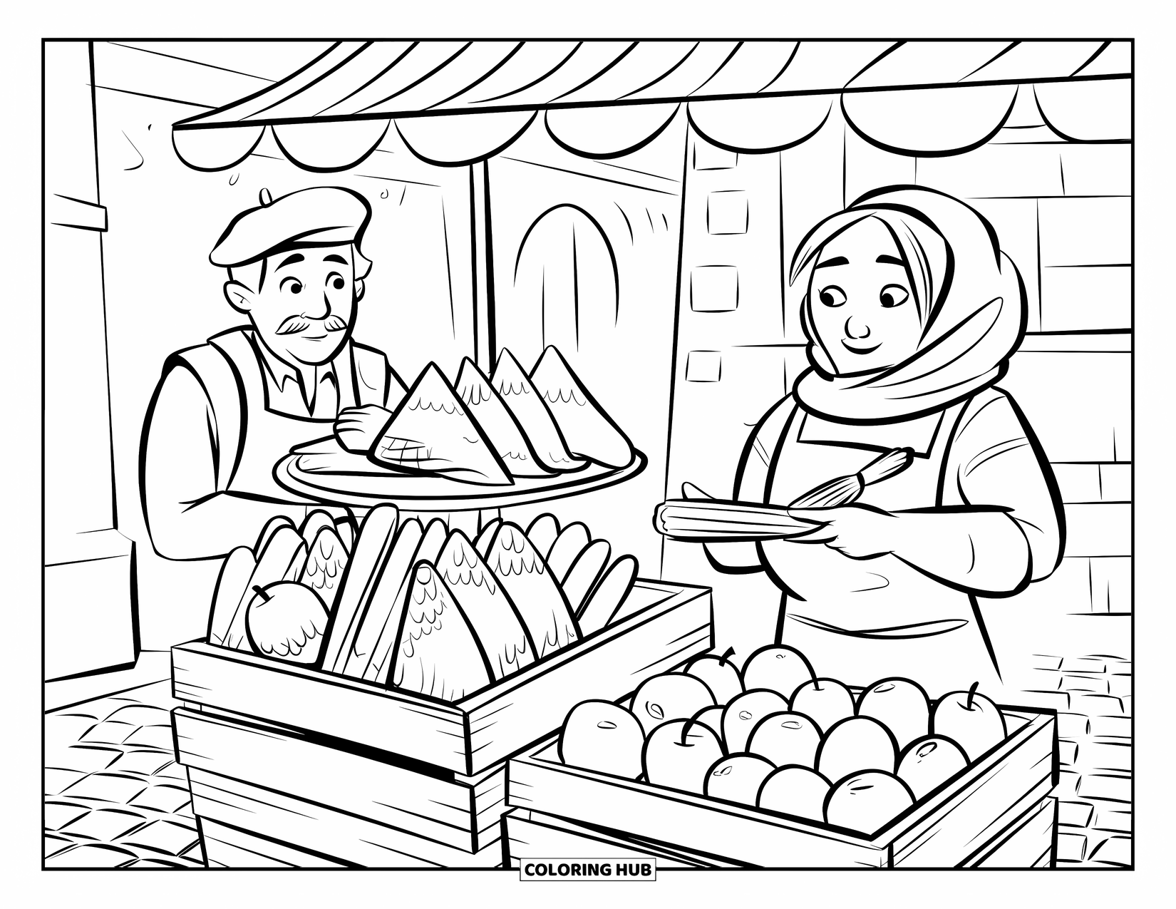 Mexiko Ausmalbild für Kinder: Zwei freundliche Verkäufer verkaufen Tamales, Churros und Früchte auf einer Kopfsteinpflasterstraße