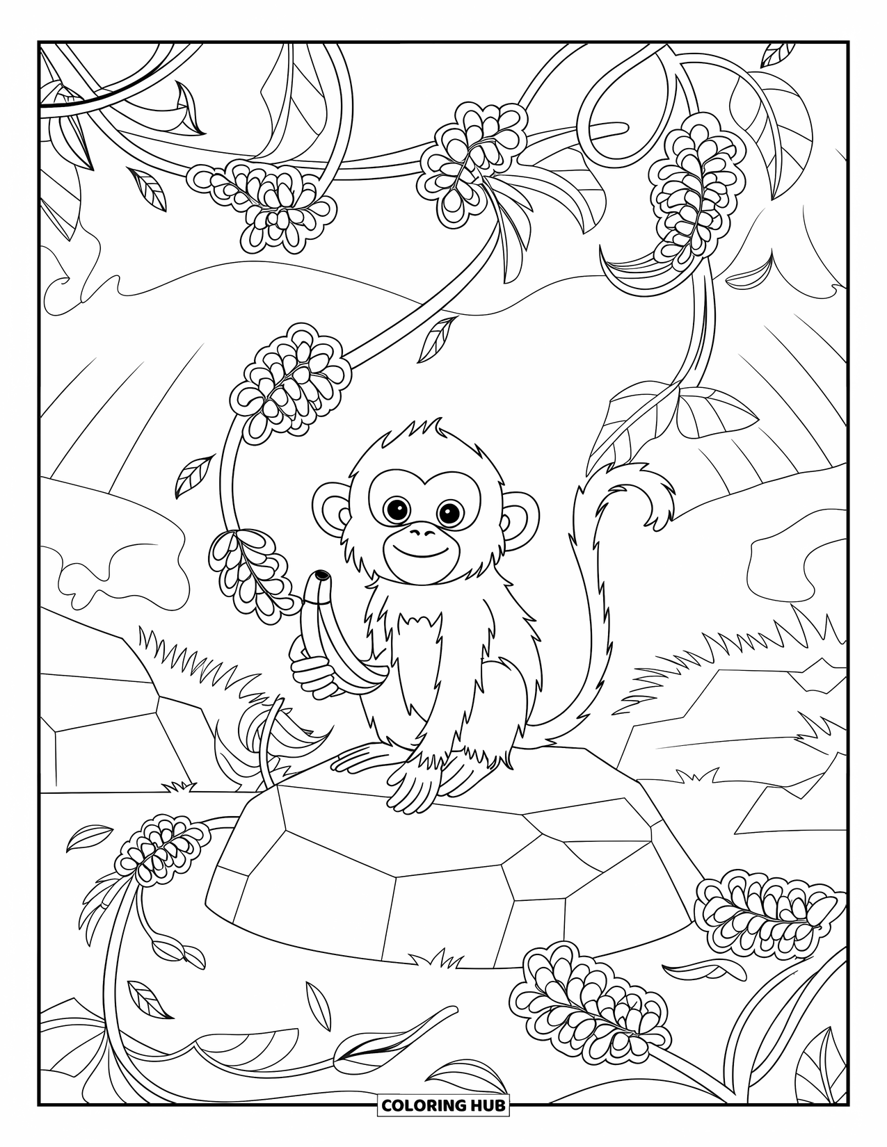 Affen Ausmalbild für Erwachsene: Ein Bananen haltender Affe ruht auf einem Felsen mit Lianen, Blättern und heruntergefallenen Früchten