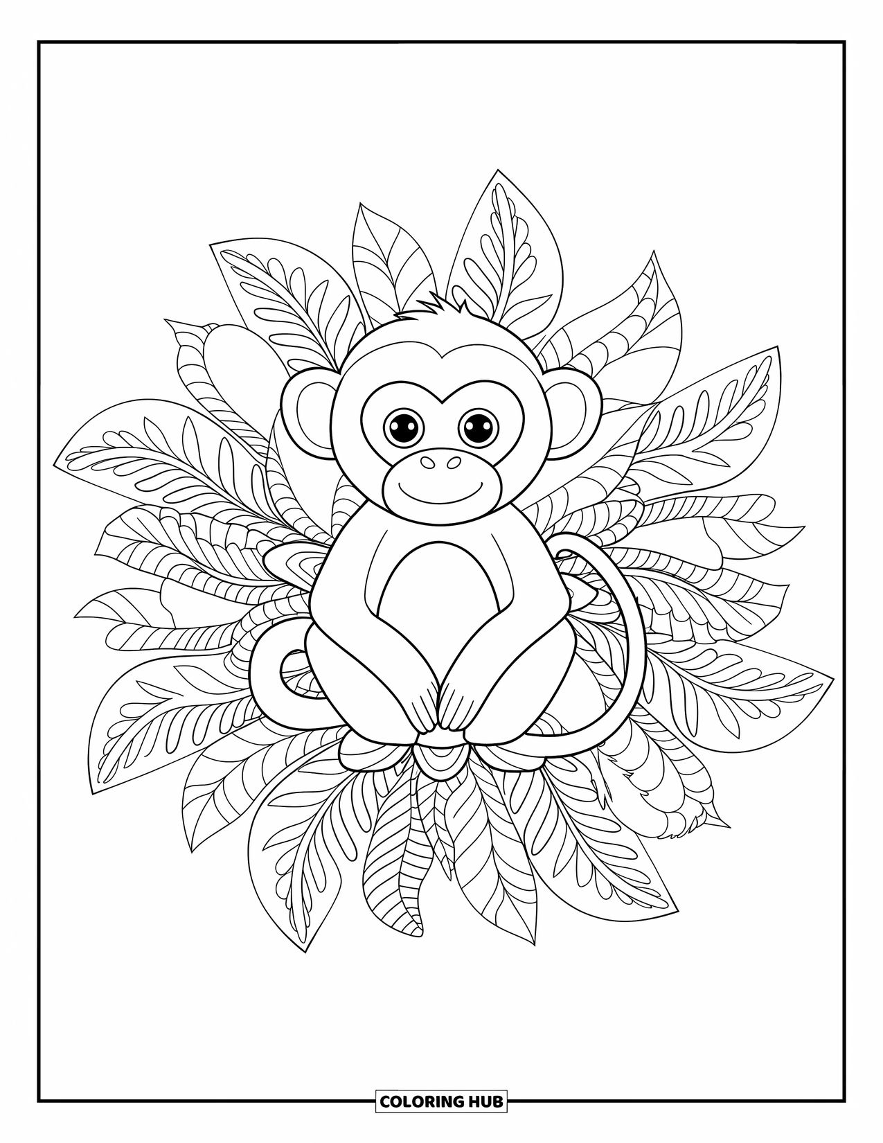 Affen Ausmalbild für Erwachsene: Ein Affe im Schneidersitz ist von einem grünen Mandala auf weißem Hintergrund umgeben