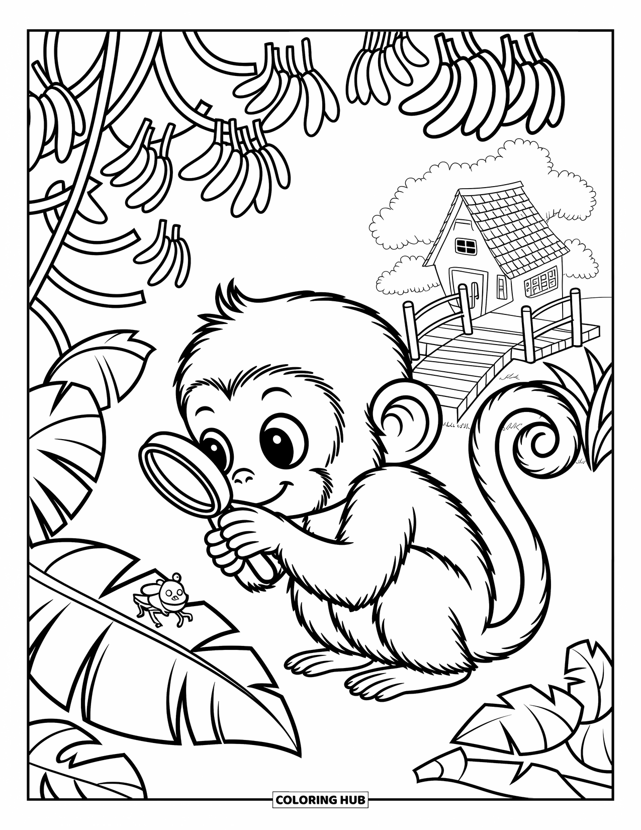 Affen Ausmalbild für Erwachsene: Ein neugieriger Affe inspiziert einen winzigen Käfer auf einem Blatt in der Nähe eines Dschungel-Baumhauses