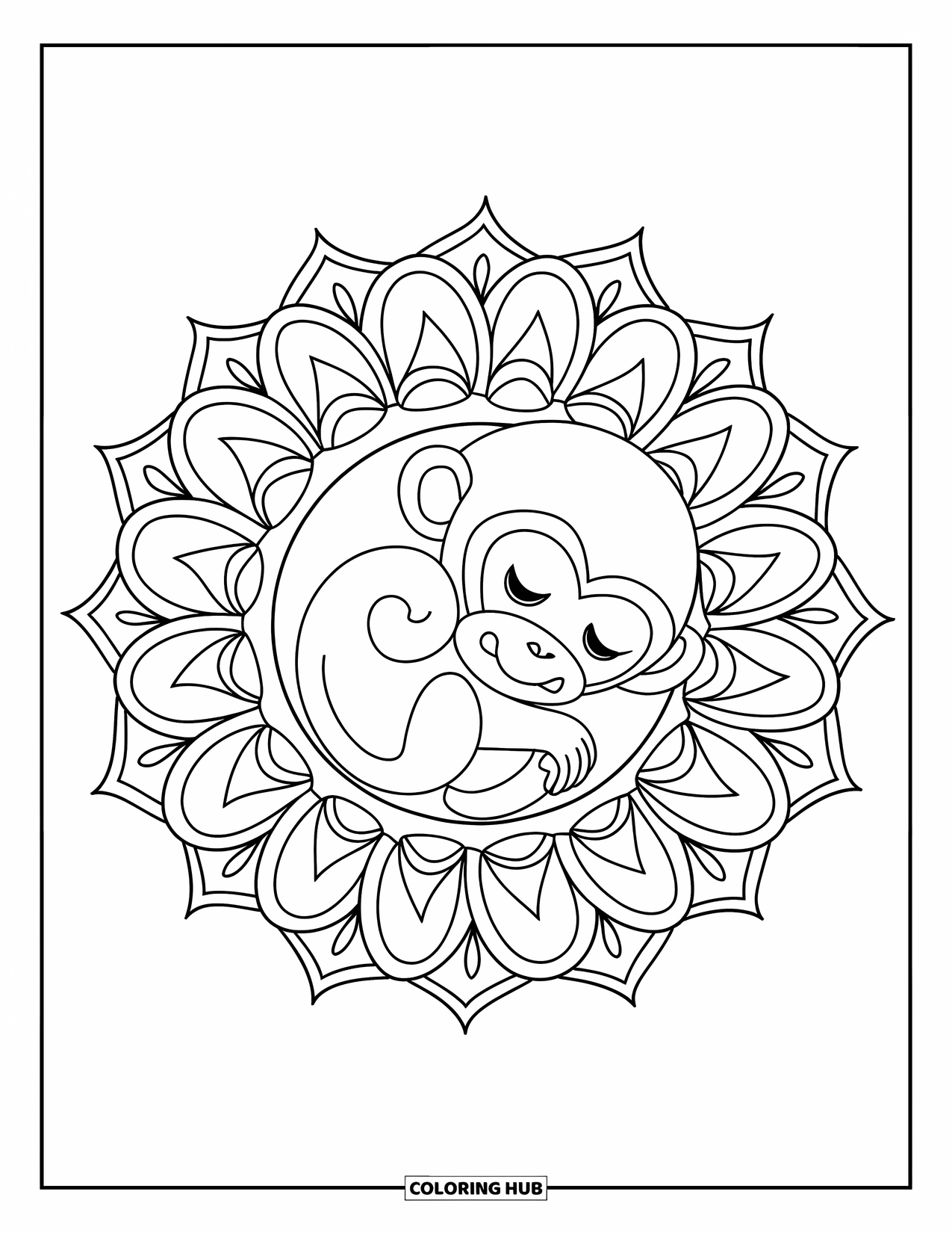 Affen Ausmalbild für Erwachsene: Ein zusammengerollter Baby-Affe ruht in einem detaillierten Blumen-Mandala