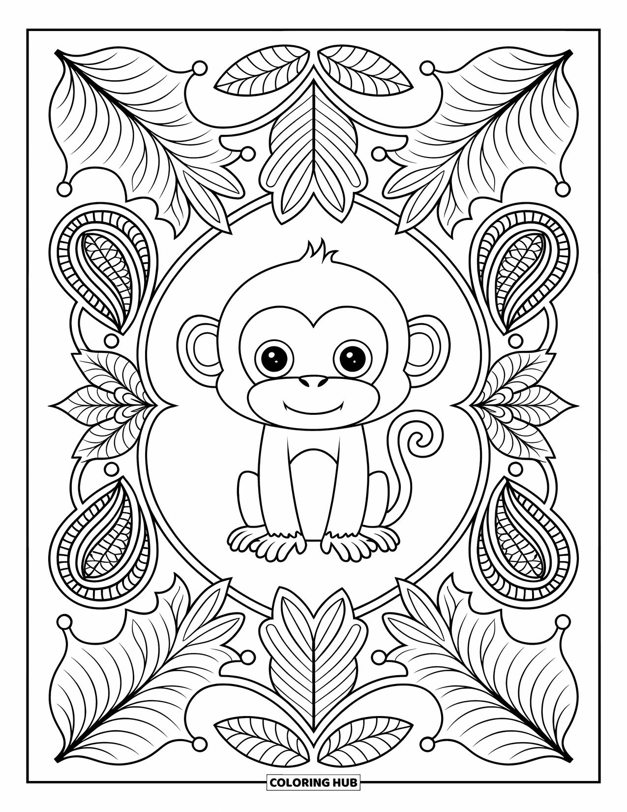 Affen-Ausmalbild für Erwachsene: Ein niedlicher Affe sitzt inmitten von symmetrischen Blättern und Paisley-Formen