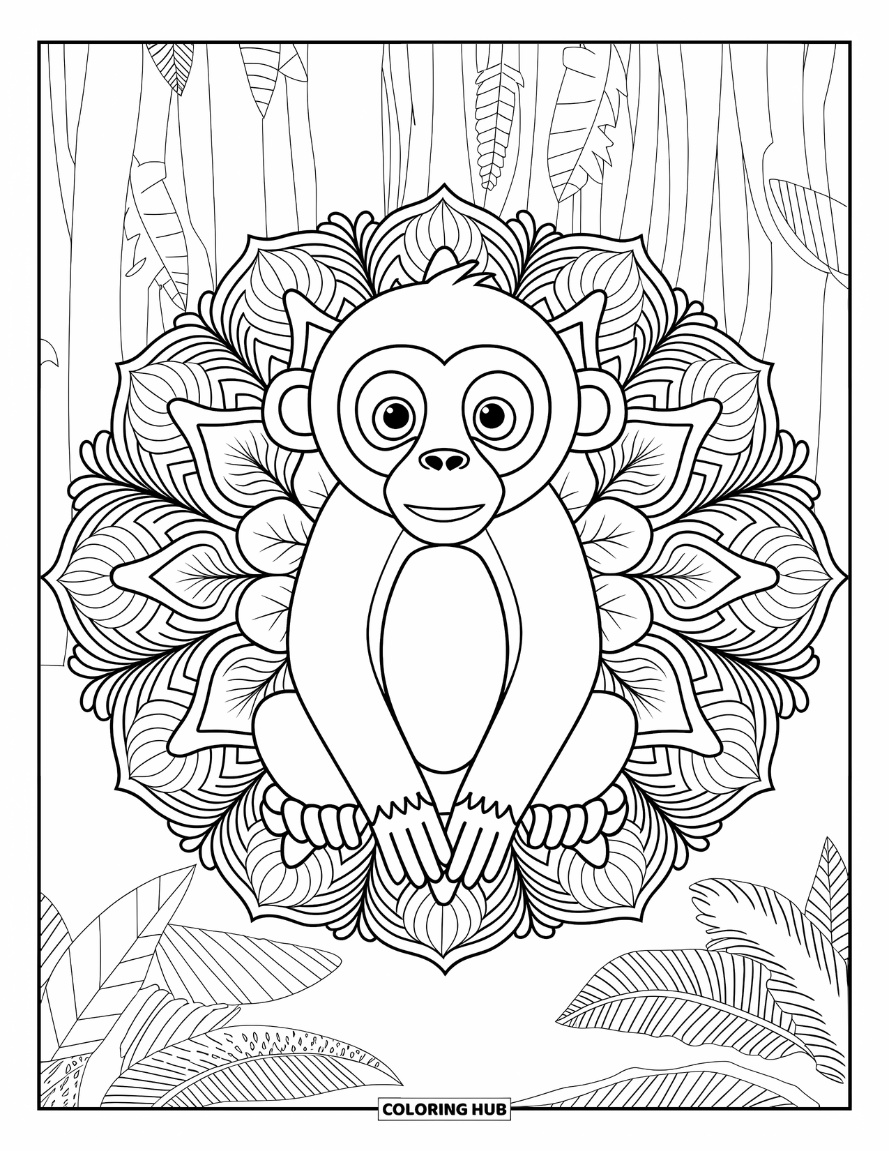 Affen-Ausmalbild für Erwachsene: Ein meditierender Affe wird von Dschungelblättern in einem Mandala-Layout umrahmt