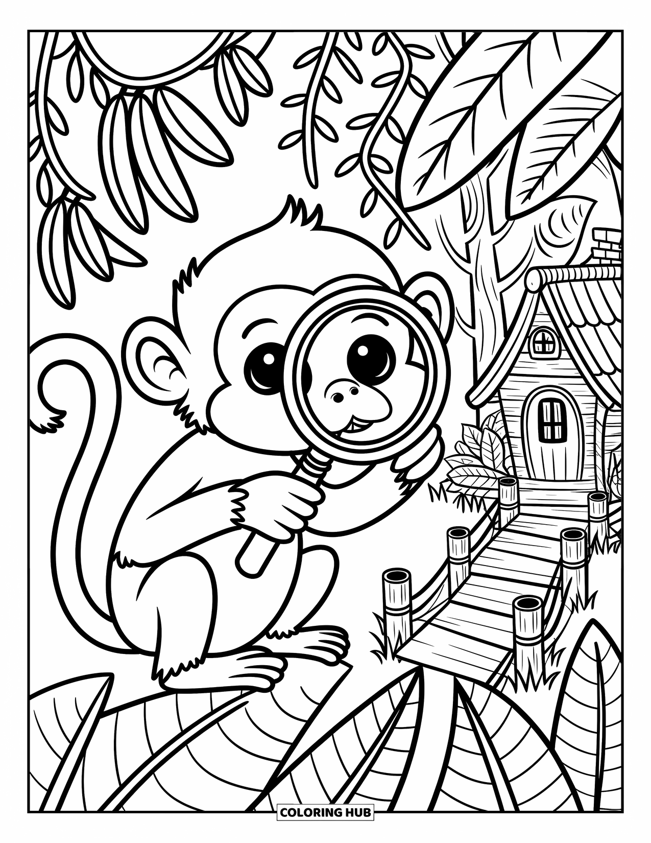 Affen Ausmalbild für Erwachsene: Ein Affe inspiziert neugierig einen Käfer, während eine Brücke zu einem Baumhaus im Dschungel führt