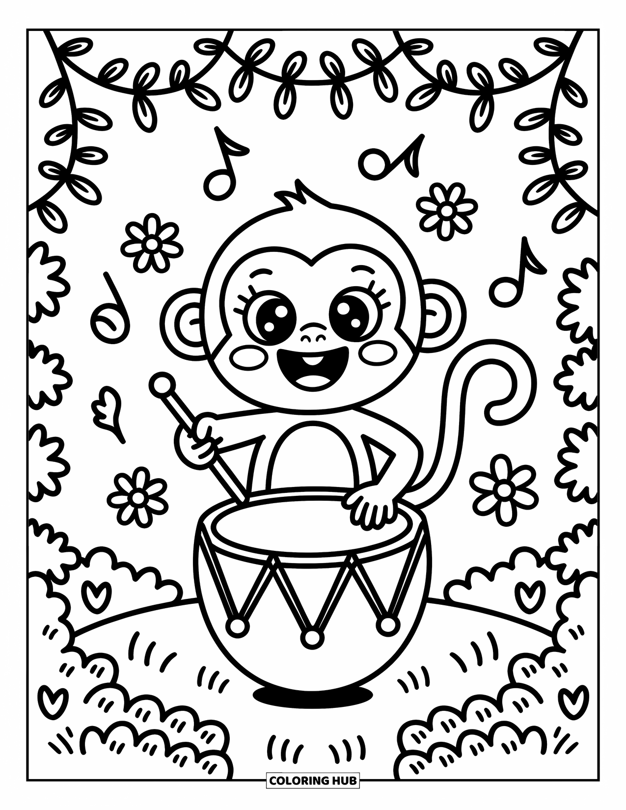 Affen Ausmalbild für Erwachsene: Ein Affe trommelt fröhlich auf einer Kokosnuss, während musikalische Noten und Blumen herumtanzen