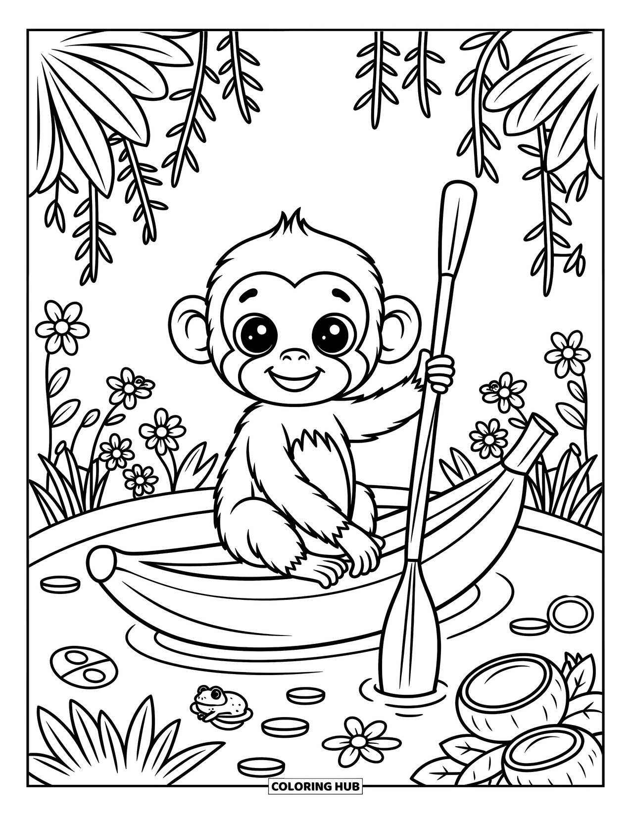 Affen Ausmalbild für Erwachsene: Ein Affe treibt auf einem Bananenblatt, umgeben von Fröschen, Blumen und Mini-Kanus