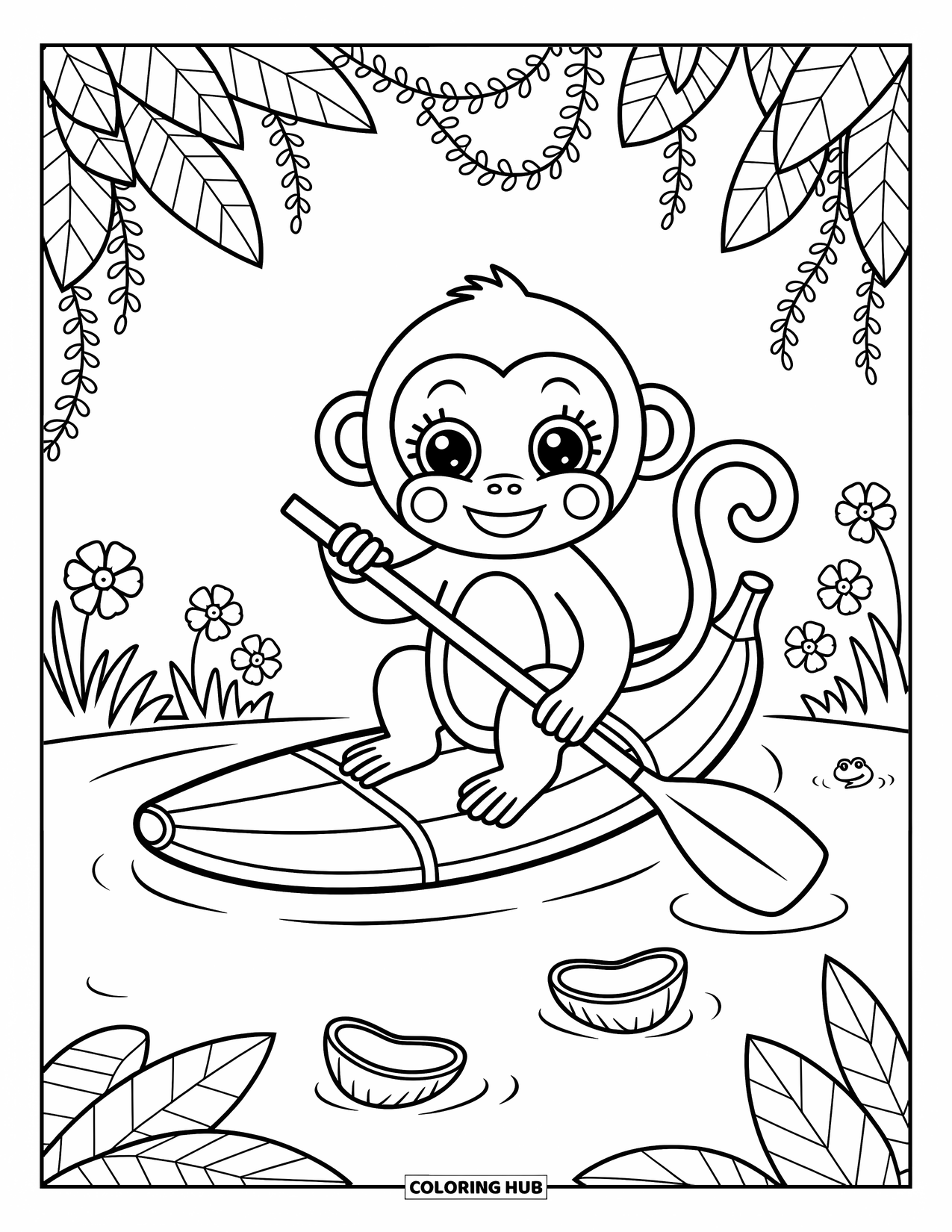 Affen Ausmalbild für Erwachsene: Ein Affe treibt mit einem Zweigpaddel auf einem Bananenblatt in einem Dschungelteich