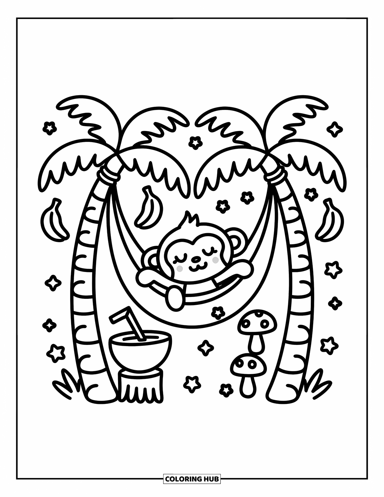 Affen Ausmalbild für Erwachsene: Ein Affe macht in einer gemütlichen Hängematte mit sternförmigen Blättern und einer Kokosnuss an seiner Seite ein Nickerchen