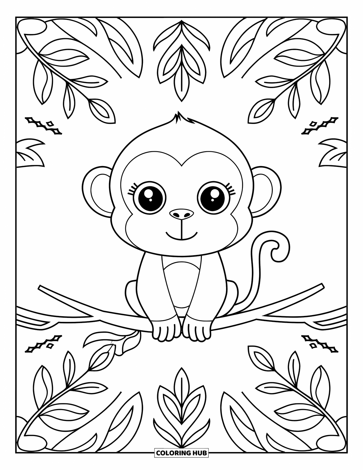 Affen Ausmalbild für Erwachsene: Ein Affe auf einem Ast wird von wirbelnden Blättern und Designs im Paisley-Stil eingerahmt