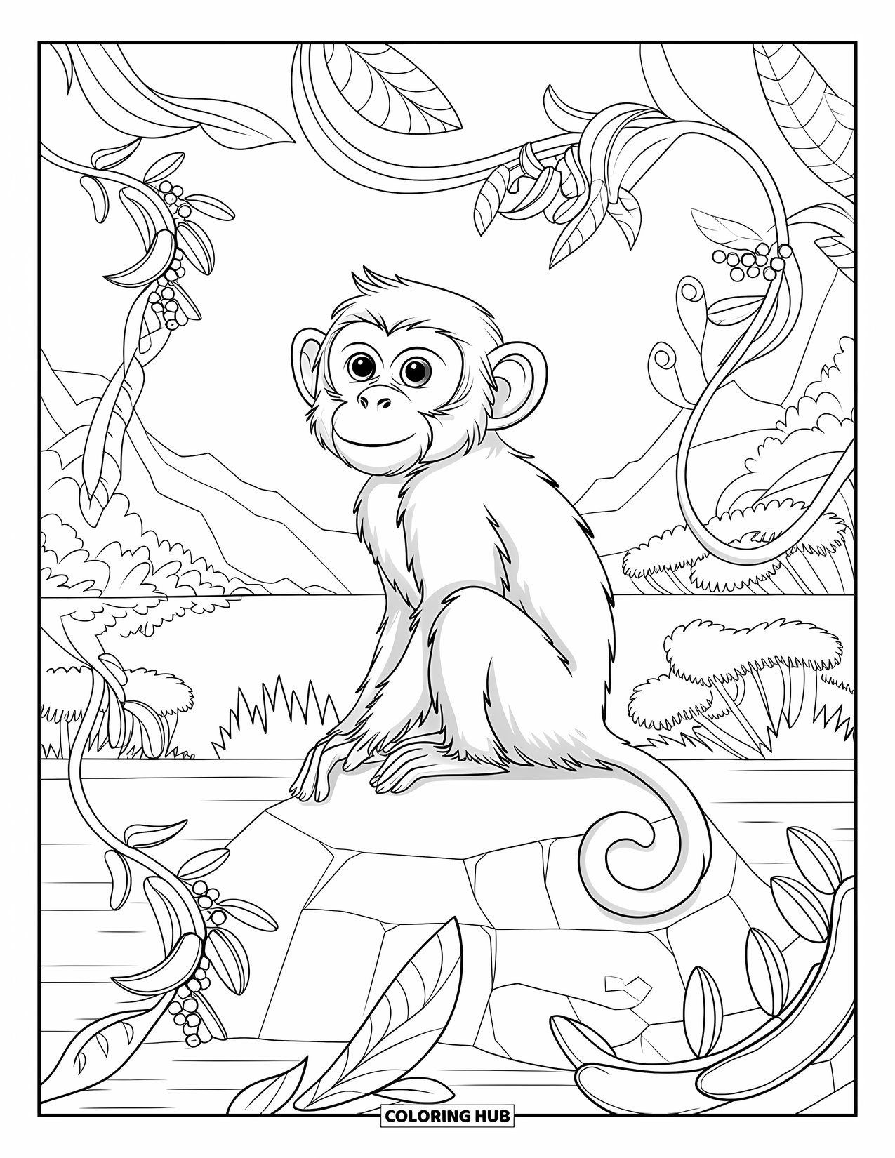 Affen Ausmalbild für Erwachsene: Ein Affe auf einem Felsen ist von sich kräuselnden Lianen und Bananenstauden umgeben