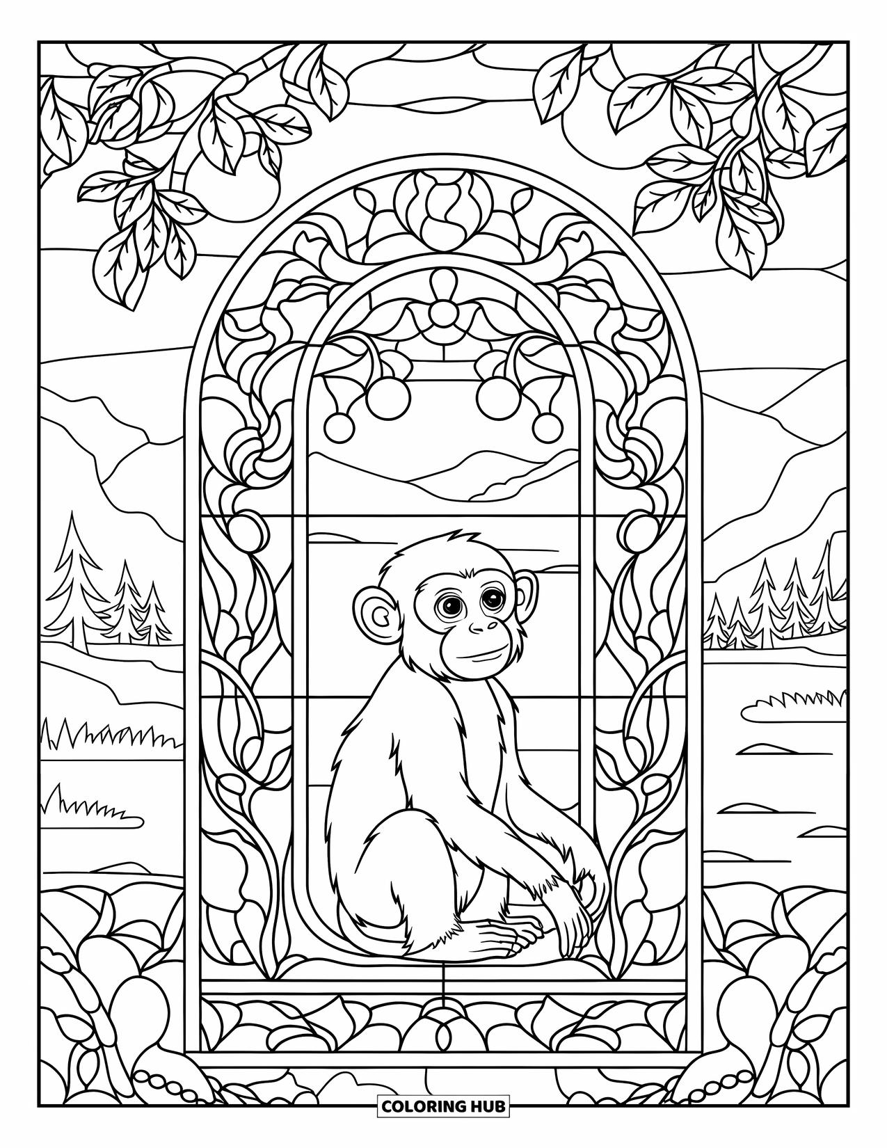 Affen Ausmalbild für Erwachsene: Ein Affe sitzt ruhig in einem Fenster voller fruchtförmiger Buntglasdesigns