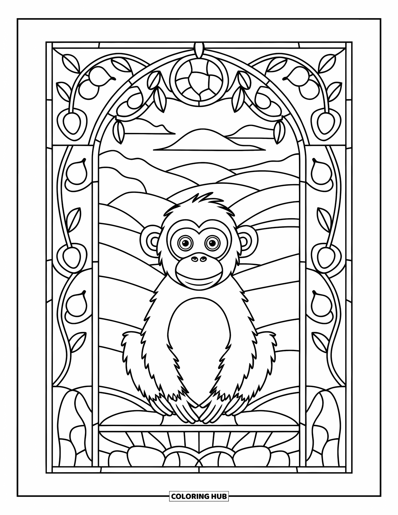 Affen Ausmalbild für Erwachsene: Ein Affe sitzt in einem Buntglasbogen mit sanften Hügeln und Baumdesigns dahinter