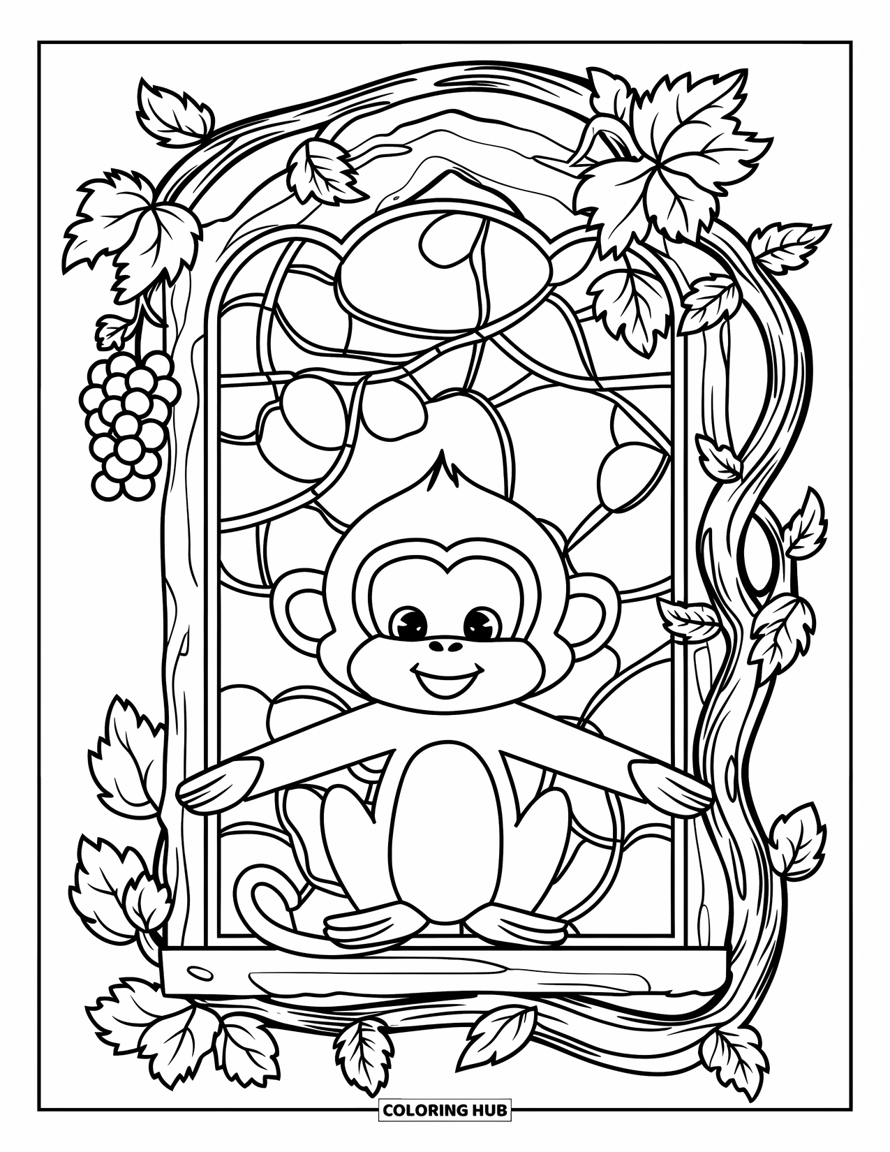 Affen Ausmalbild für Erwachsene: Ein Affe sitzt entspannt in einem rustikalen Lianenrahmen, der mit Trauben und Mustern gefüllt ist