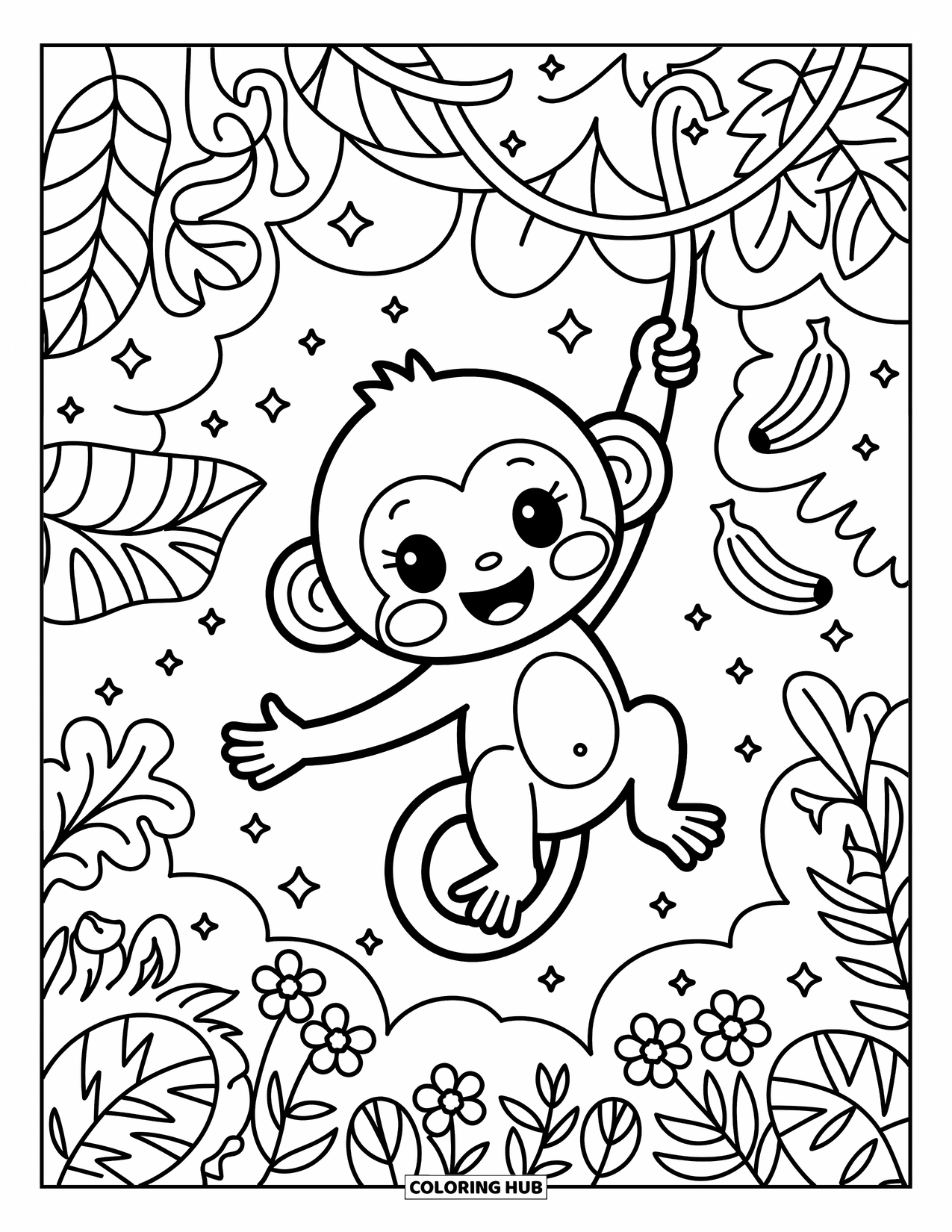 Affen Ausmalbild für Erwachsene: Ein Affe schwingt freudig an tropischen Blättern, Bananen und winzigen Vögeln auf Ästen vorbei