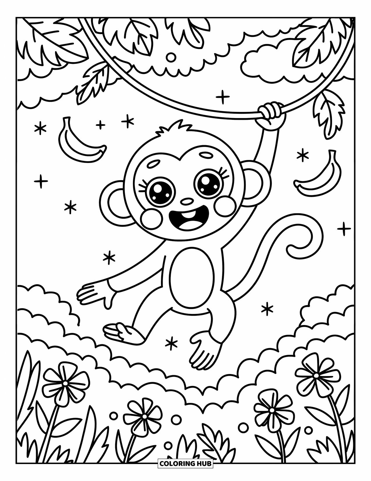 Affen Ausmalbild für Erwachsene: Ein Affe schwingt mit schwebenden Bananen, tropischen Blättern und kleinen Vögeln in der Luft