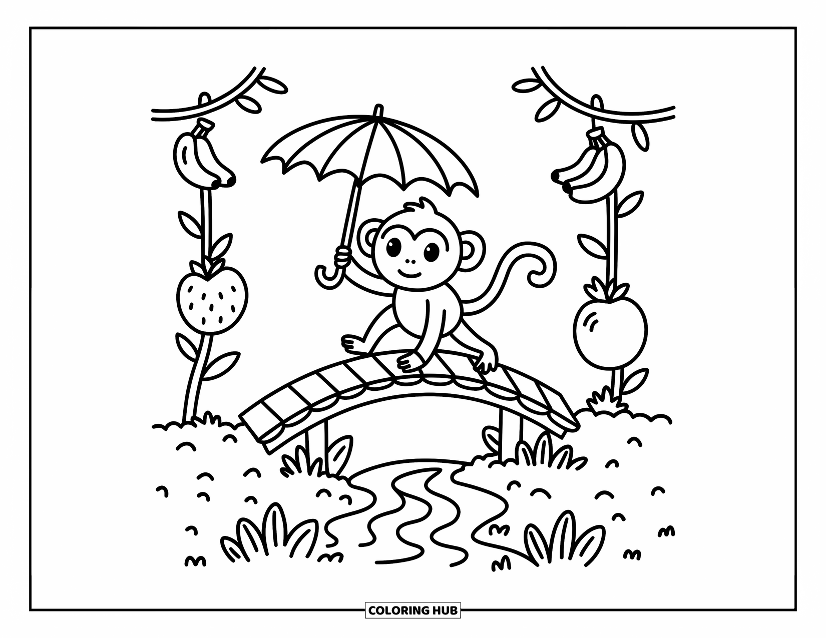 Affen Ausmalbild für Erwachsene: Ein Affe geht über eine grüne Brücke mit Fruchtschnitzereien und herabhängenden Bananen rundherum