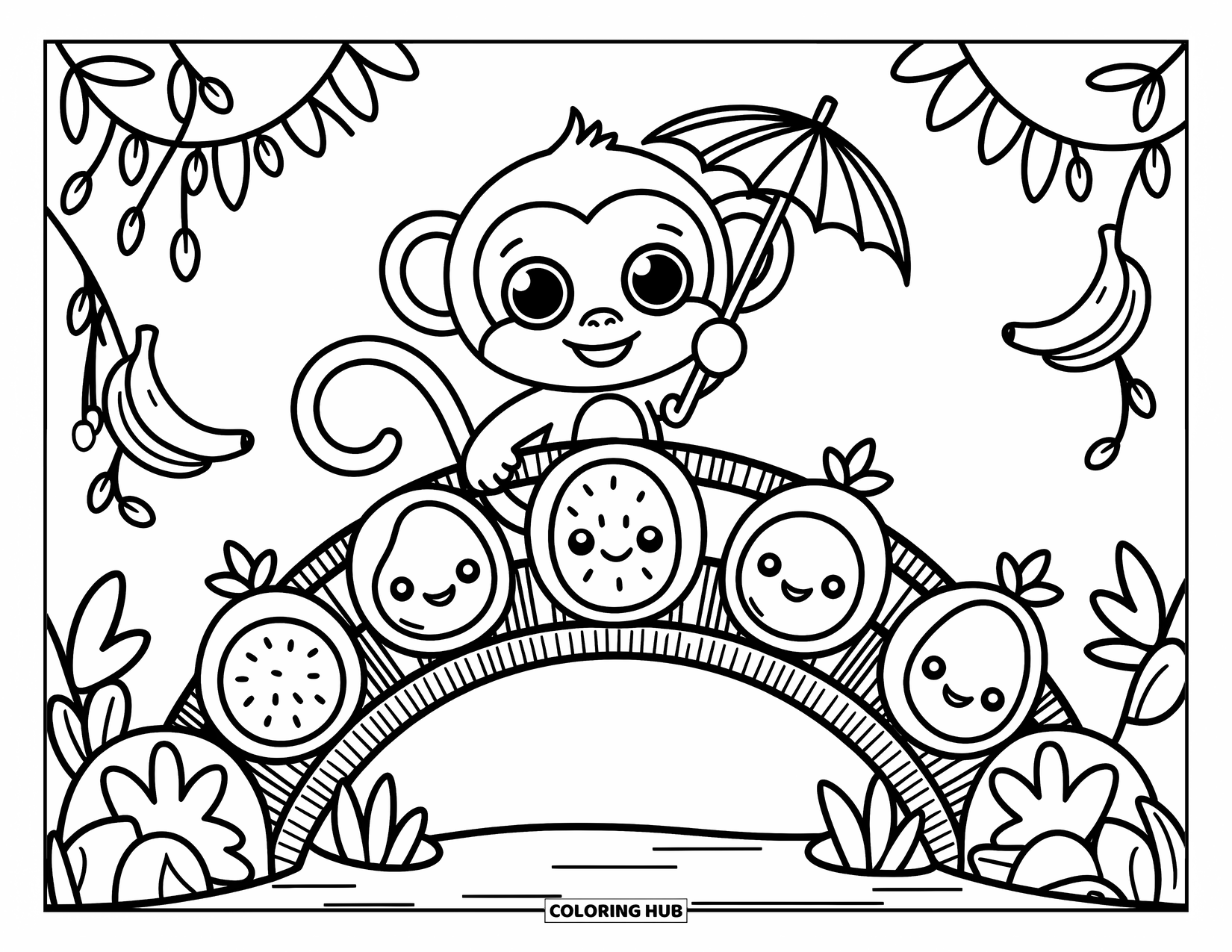 Affen Ausmalbild für Erwachsene: Ein Affe geht über eine Holzbrücke, an der Bananen von Dschungel-Lianen hängen