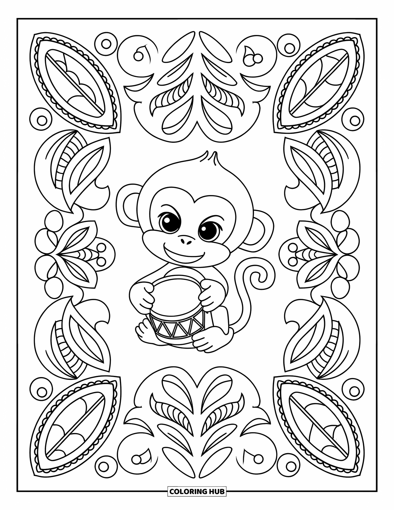 Affen Ausmalbild für Erwachsene: Ein Affe mit einer Trommel grinst in wirbelnden Paisley-Mustern und detaillierten Blättern