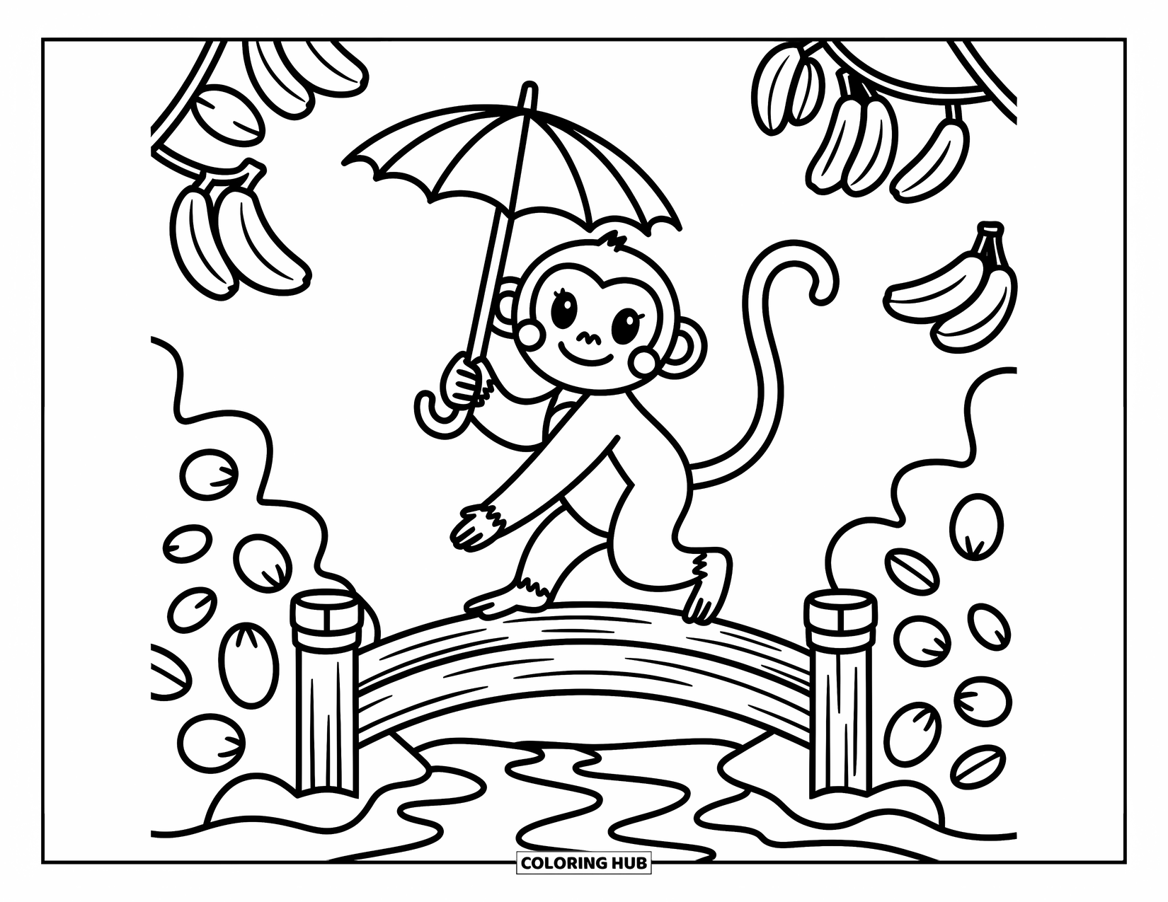 Affen Ausmalbild für Erwachsene: Ein Affe mit einem Blätter-Regenschirm überquert eine mit Früchten geschmückte Brücke über einem sanften Bach