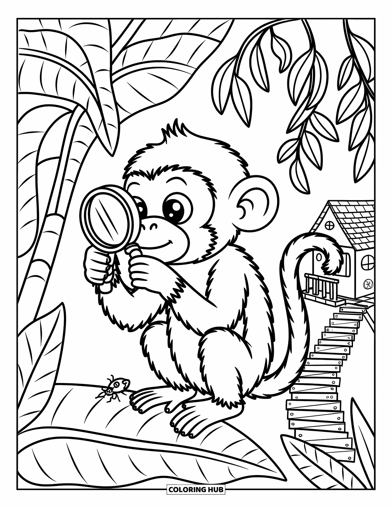 Affen Ausmalbild für Erwachsene: Ein Affe mit einer Lupe betrachtet einen Käfer in der Nähe von Lianen und einem Baumhaus