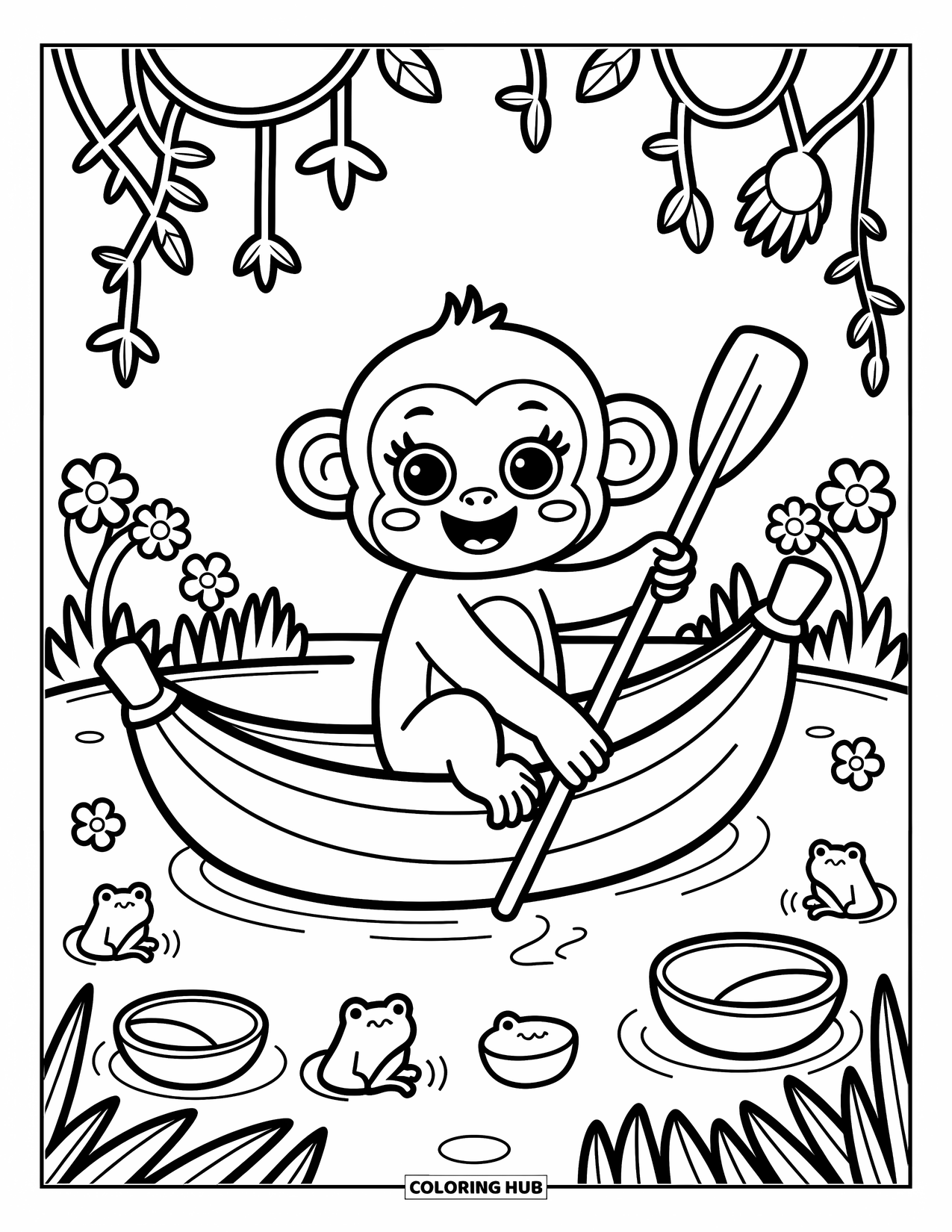 Affen Ausmalbild für Erwachsene: Ein verspielter Affe paddelt mit einem riesigen Bananenblatt durch einen friedlichen Dschungelteich
