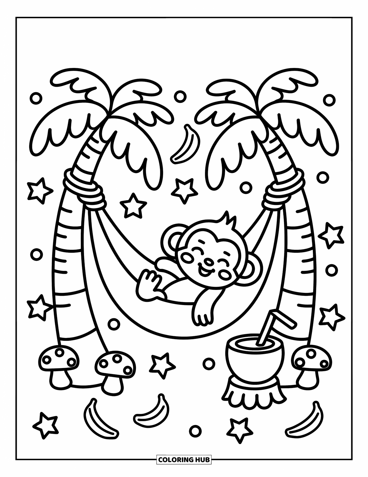 Affen Ausmalbild für Erwachsene: Ein entspannter Affe schwingt in einer Hängematte zwischen Palmen mit Pilzen und Bananen in der Nähe