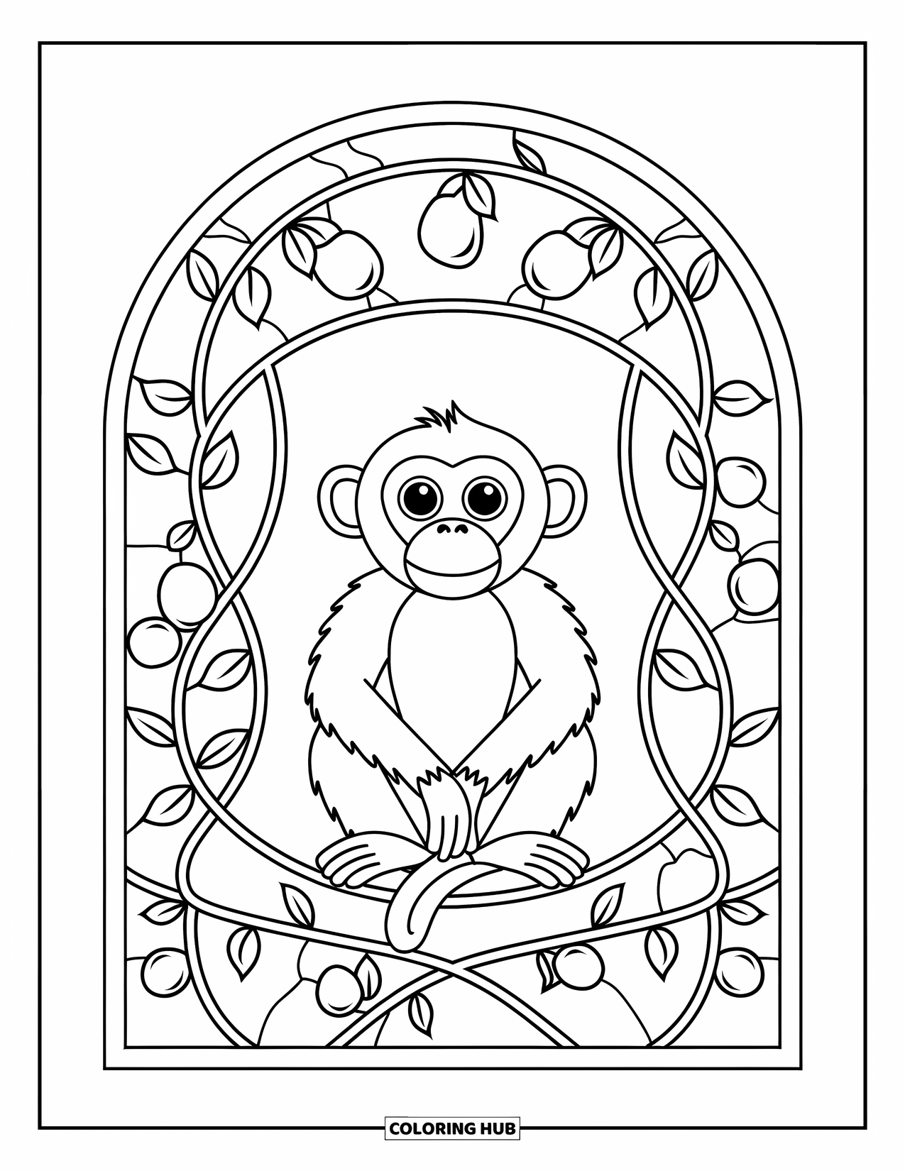 Affen Ausmalbild für Erwachsene: Ein sitzender Affe ruht in einem Buntglasbogen aus Früchten und Lianen