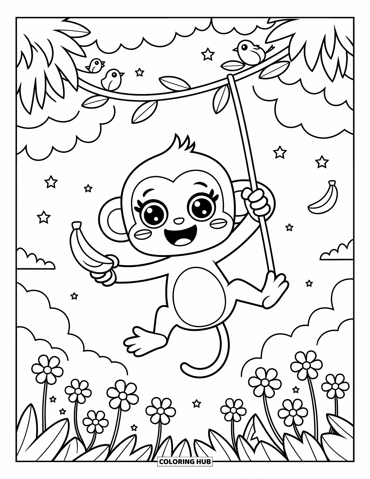 Affen Ausmalbild für Erwachsene: Ein lächelnder Affe schwingt mit Vögeln, Bananen und Blumen rund um die Baumwipfel