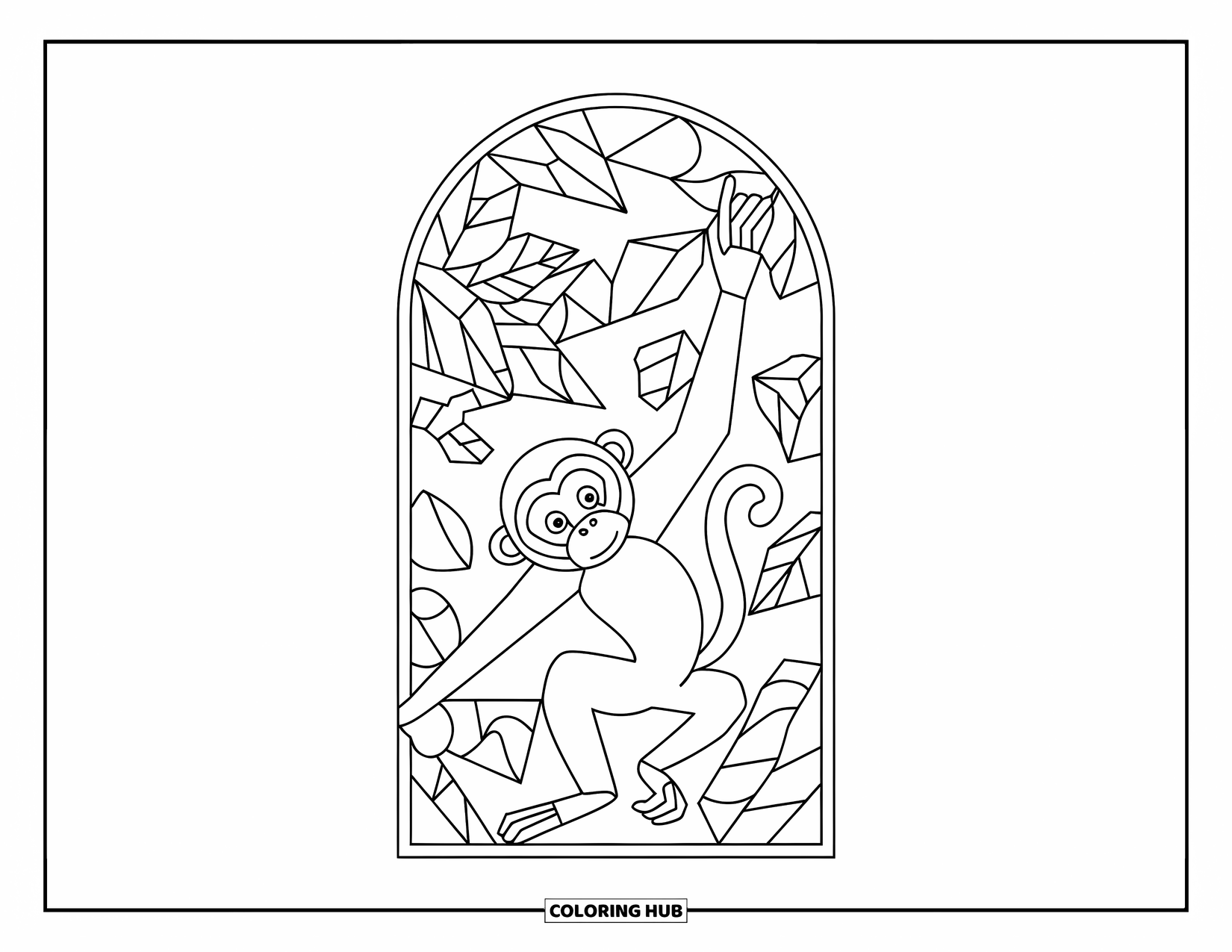 Affen Ausmalbild für Erwachsene: Ein sich streckender Affe wird von einem gewölbten Bogen aus grünen Buntglasdesigns eingerahmt