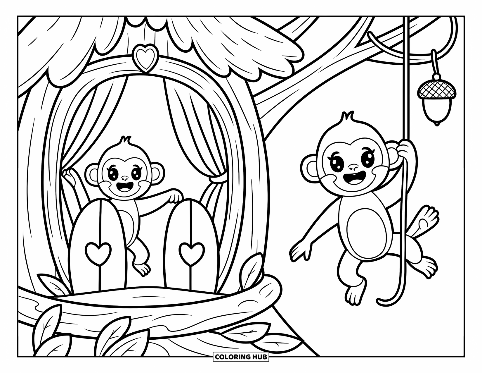 Affen Ausmalbild für Erwachsene: Affen spielen in einer Baumwipfelhütte mit grünen Vorhängen und leuchtenden Eichel-Lampen