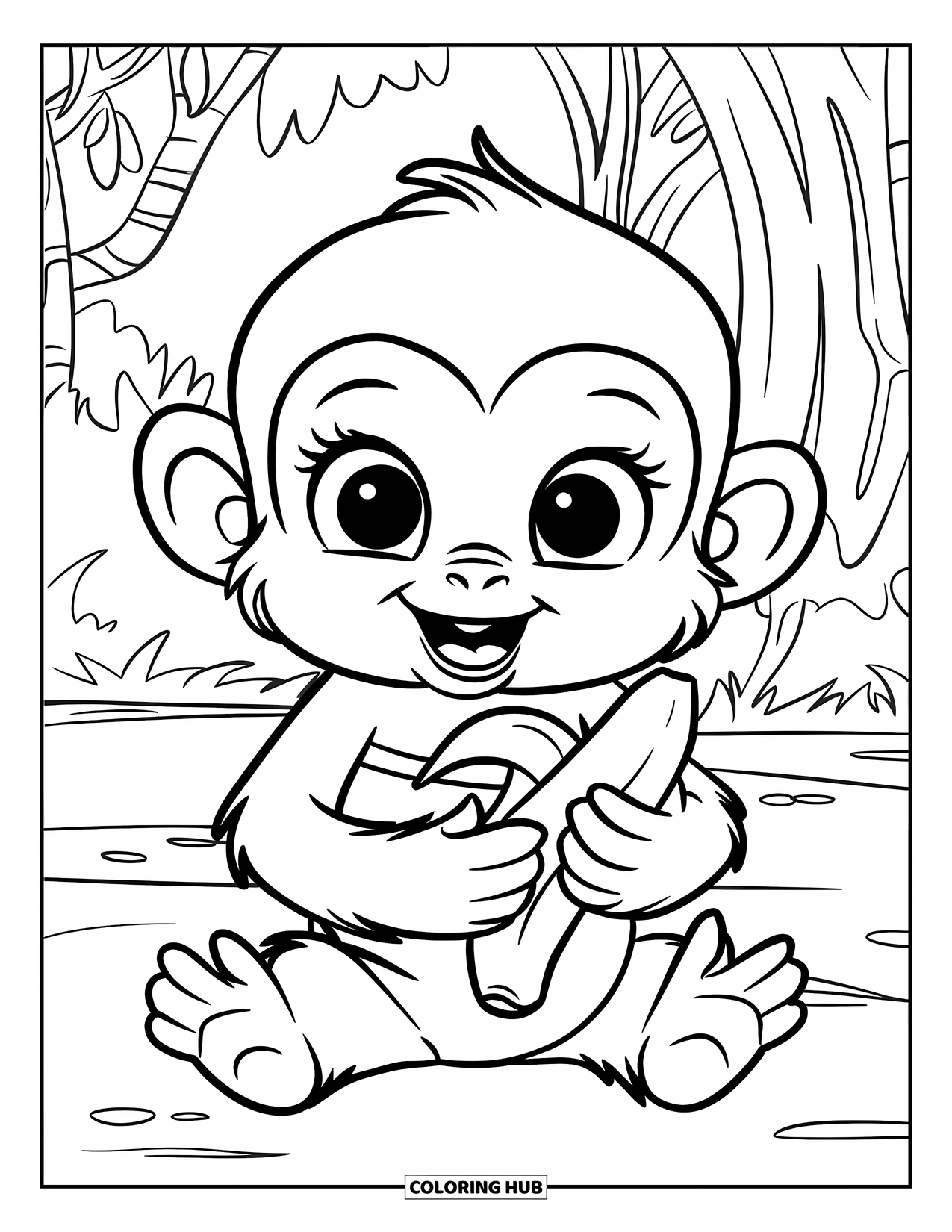 Affen Ausmalbild für Kinder: Ein Baby-Affe in Blau hält eine Banane, während er unter Waldbäumen sitzt