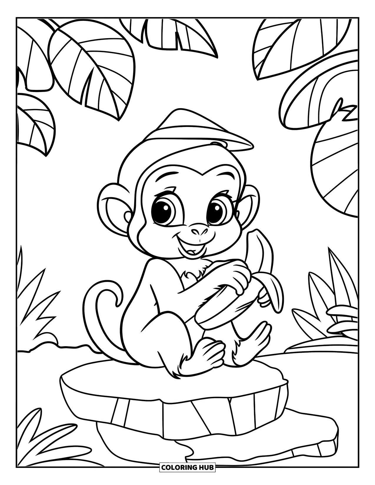 Affen Ausmalbild für Kinder: Ein Baby-Affe sitzt auf einem Felsen und hält eine Banane mit einem winzigen Hut